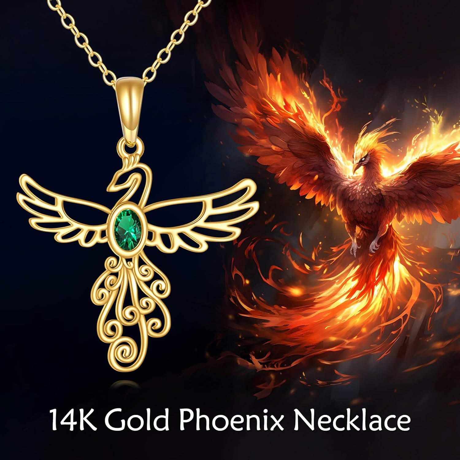 YFN 14K Solid Gold Phoenix Necklace for Women Real Gold Emerald Pendant Nirvana Phoenix Jewelry Gifts - Image 6