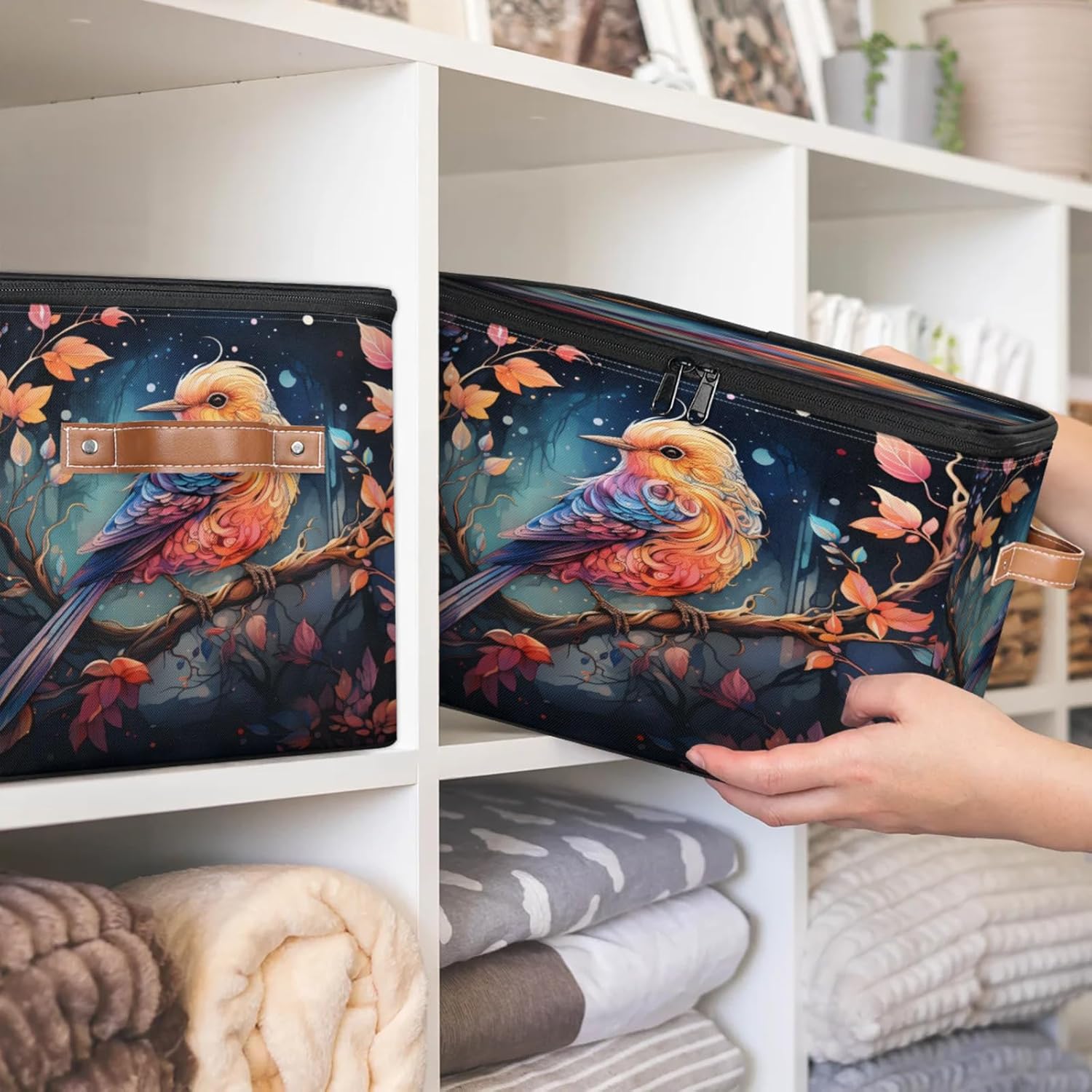 Storage Bin Set of 2 Rainbow Branch Bird Storage Basket with Zipper Lid & Handle Foldable Closet Shelf 2 Pack Cloth Organizer Basket Cube Bins Clothes Organizer for Nursery, Bedroom