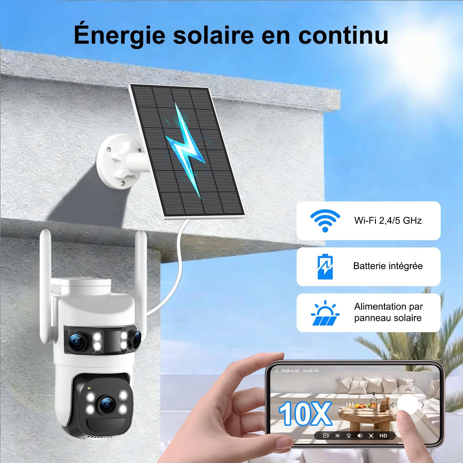 6K Telecamera Wi-Fi Esterno,Triple Obiettivo Telecamera WiFi Senza Fili con Pannello Solare,Videocamera Sorveglianza,Rilevamento Umano PIR,Visione Notturna a Colori,Audio Bidirezionale,2.4G/5GHz,IP66