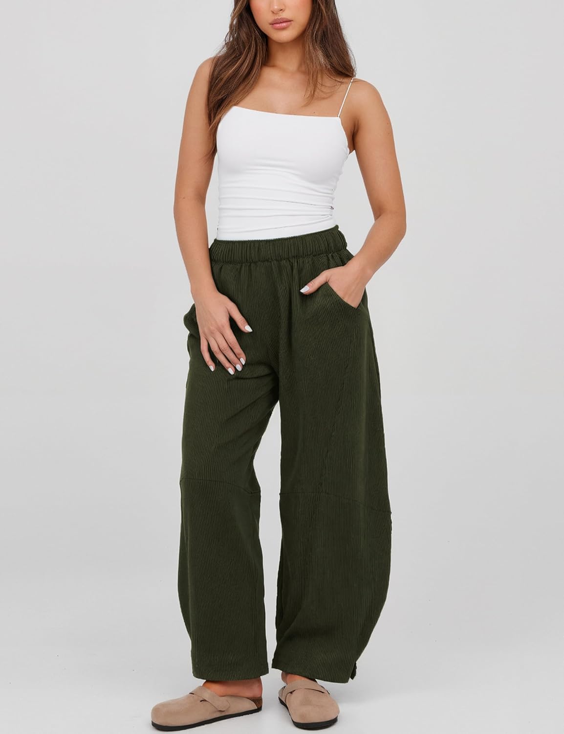 Athlisan Womens Corduroy Pants Wide Leg Cropped Barrel Baggy Elastic Waist Trousers with Pockets - Image 2