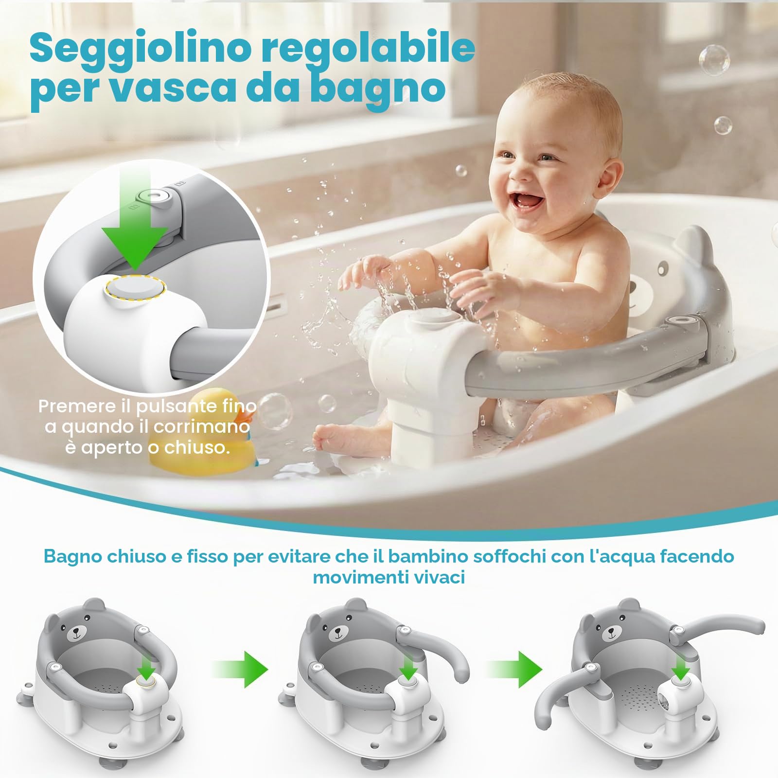 Highbird Seggiolino da Bagno per Bebè da 6 Mesi, Antiscivolo con 4 Ventose Potenti e Cuscino Rimovibile, Ideale per Bambini 6-18 Mesi per Doccia o Vasca, Portatile, Facile da Pulire - Grigio