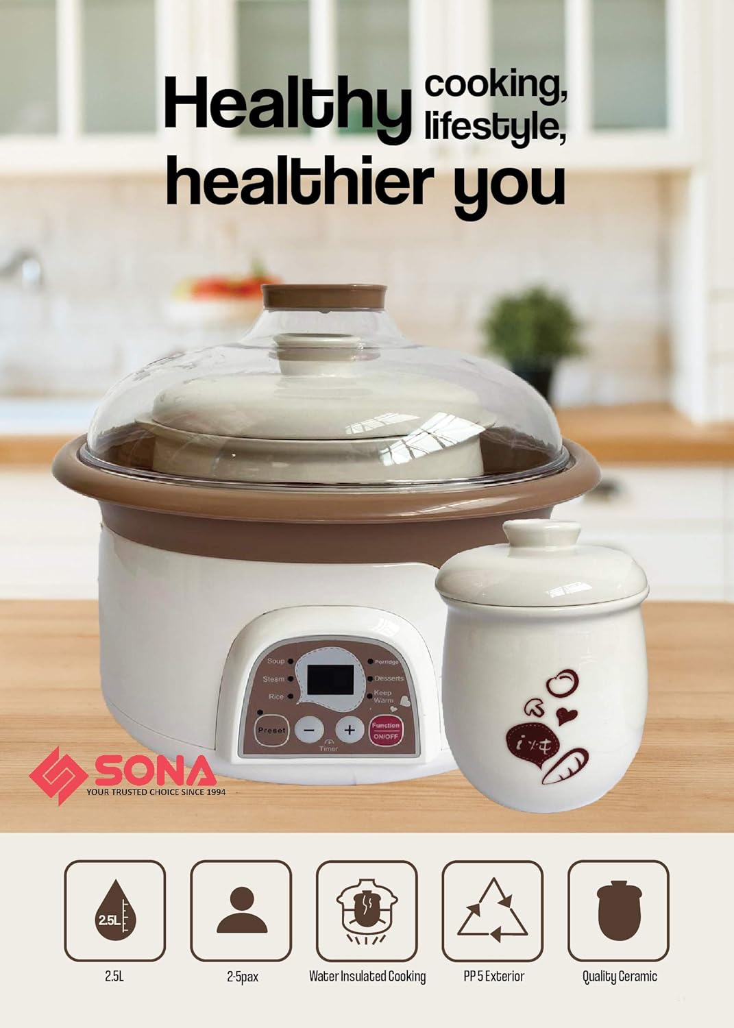 SONA SDB 1009 Electric Steaming and Stewing Pot with digital control panel and a small ceramic pot