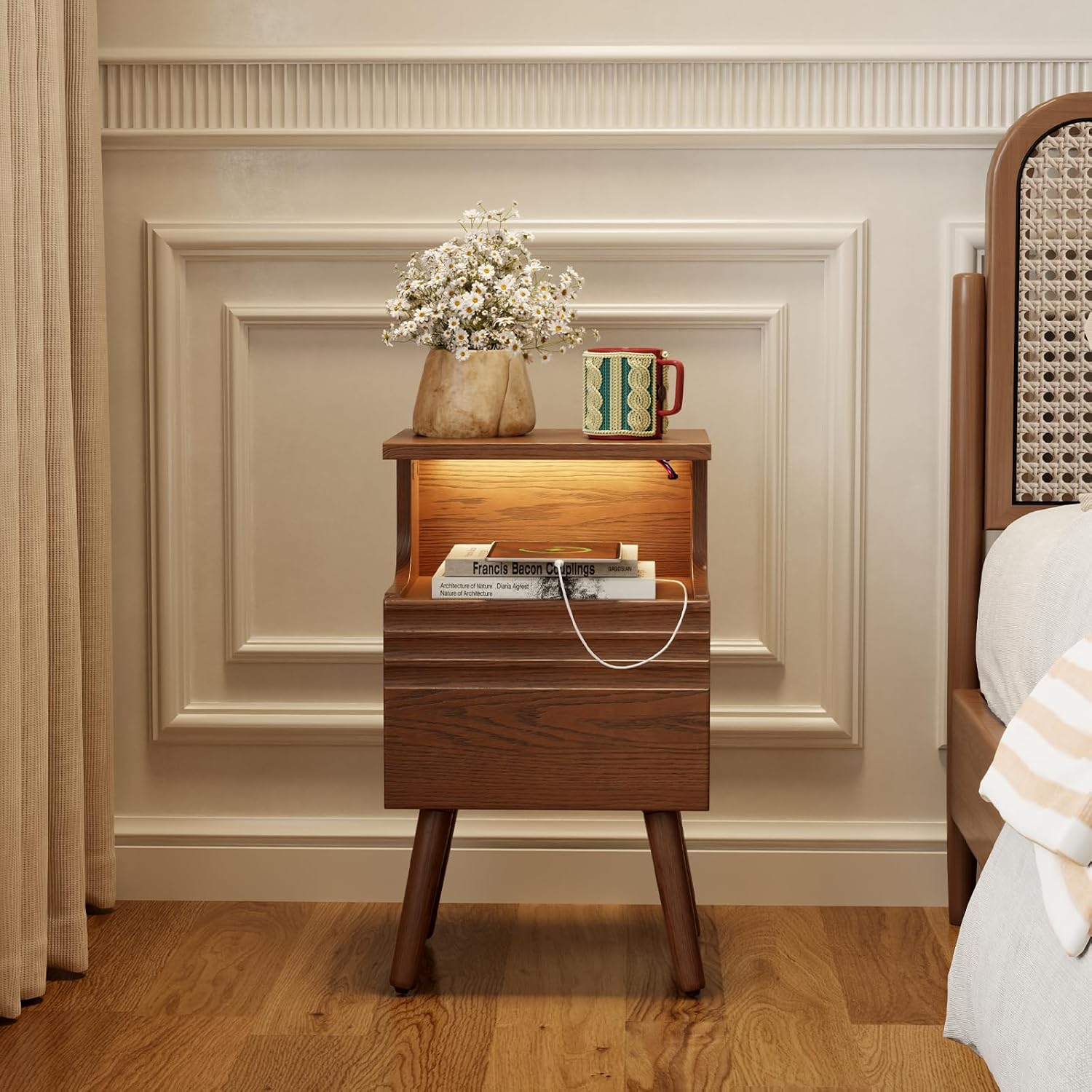 Night Stand with Charging Station and LED Light Strip, Bedside Table with Storage Shelf, Modern Walnut Nightstand with USB Ports