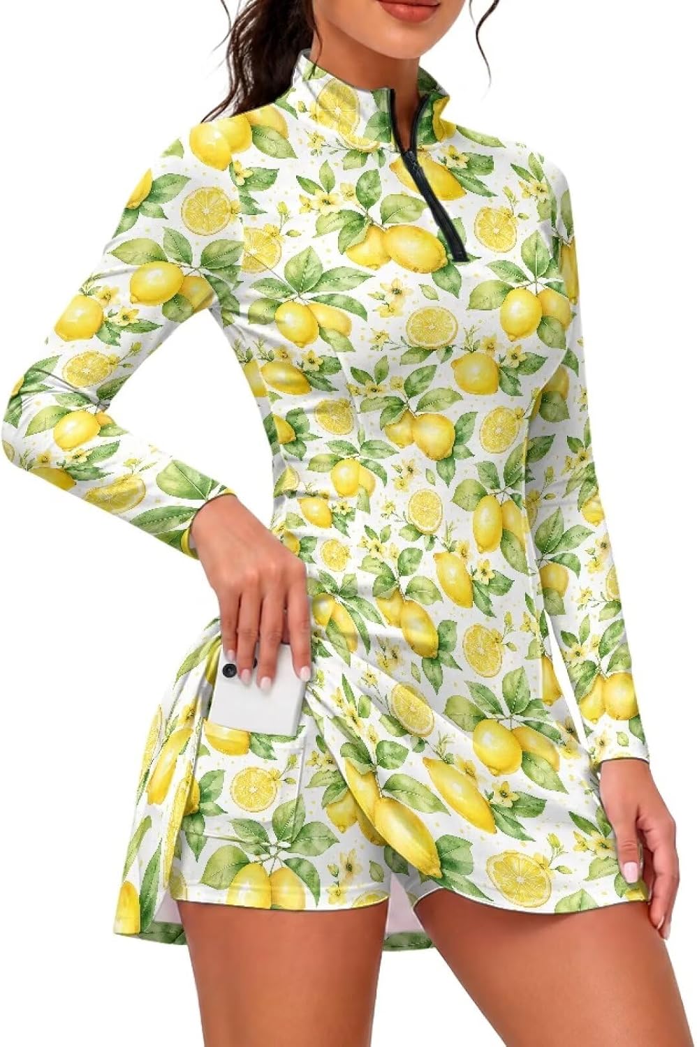Poceacles Zipper Front Tennis Golf Dress for Women 2 Piece Long Sleeve Casual Outfits Stylish Printed Mini Dress