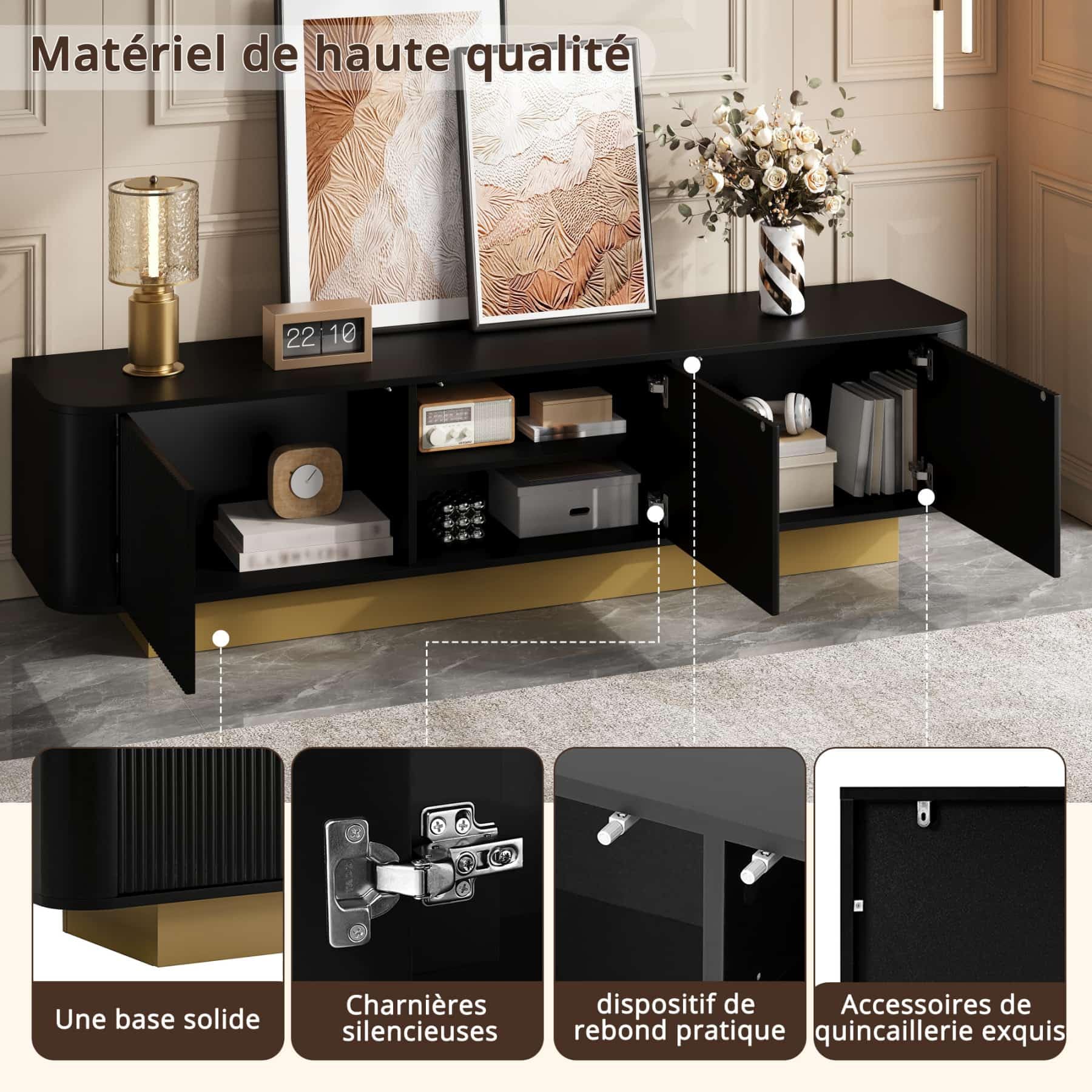 PUGSDRLY Meuble TV Moderne avec étagères réglables et 3 Portes, Meuble TV Bas avec Espace de Rangement,Design sans poignées, pour Salon et Chambres à Coucher,170x40.5x47cm (Noir)
