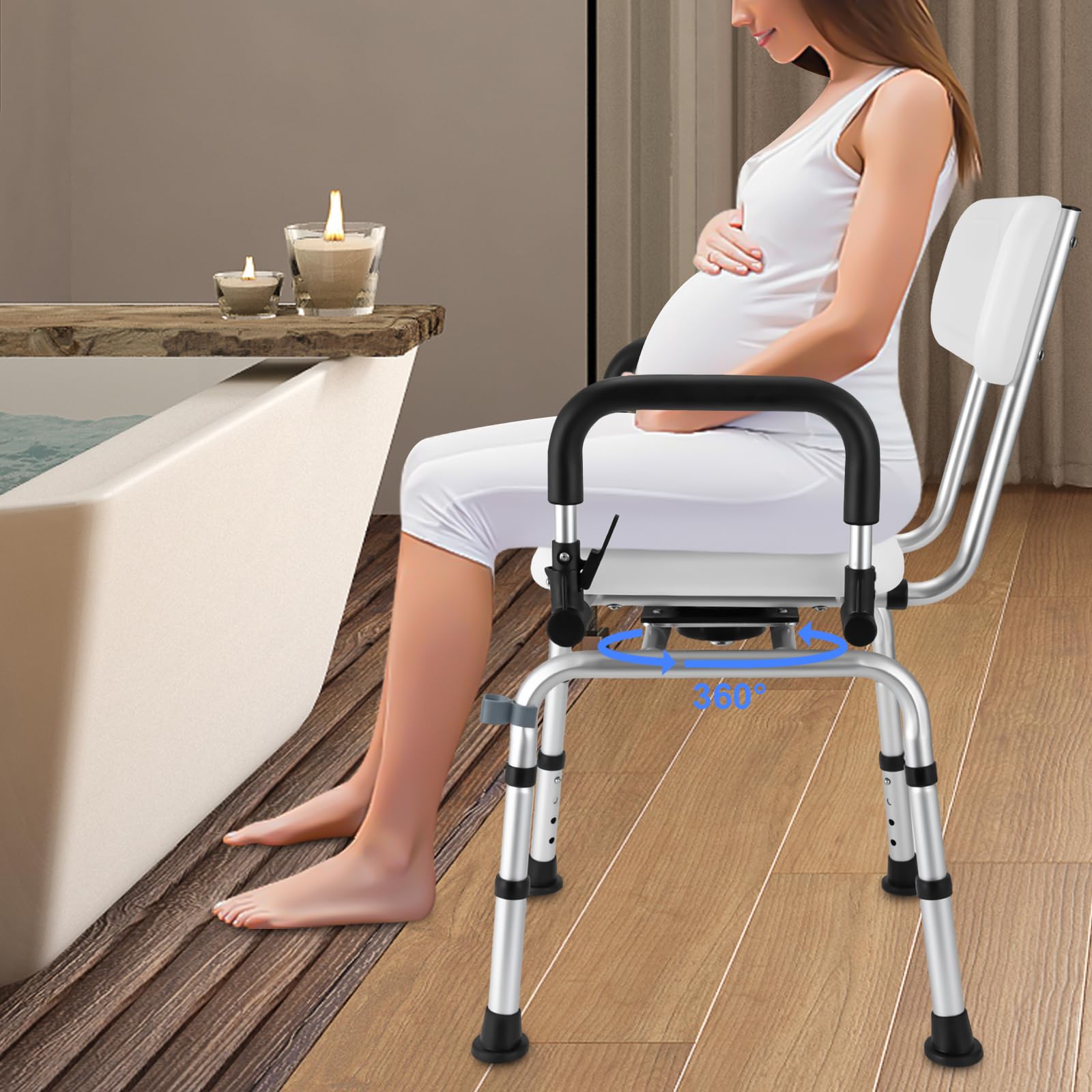 Silla de ducha giratoria de 360°, con reposabrazos y respaldo, silla de ducha de altura ajustable, capacidad de carga de 396,83 libras, soporte de pulverización de mano, ventosa de goma, para ancianos