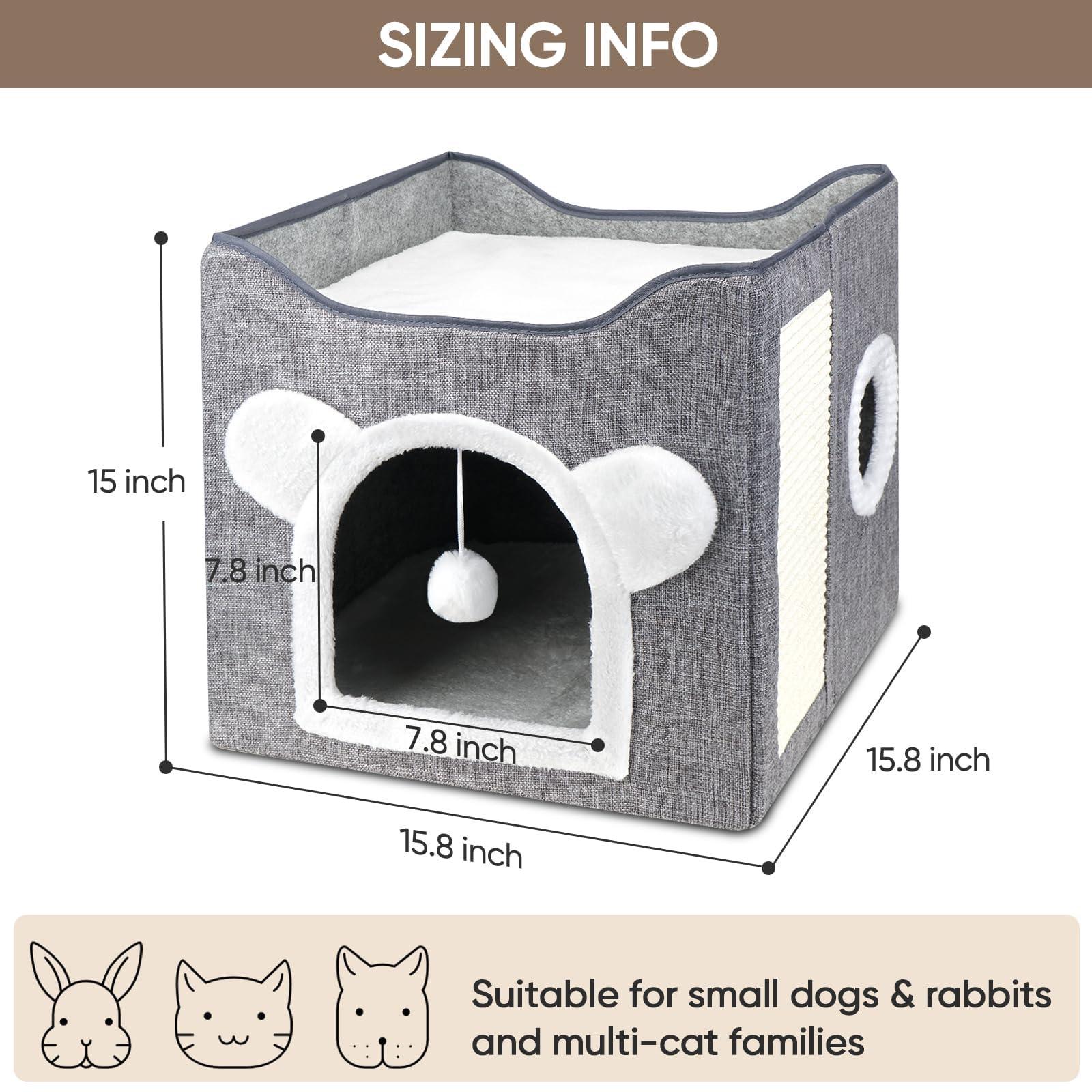 بيت قطط متعدد الوظائف من بيجثري، سرير للقطط الداخلية، عش قطط، كهف مكعب للقطط قابل للطي، بيت لعب كبير للحيوانات الاليفة مع كرة منفوشة، سرير قطط مغطى للقطط الصغيرة متعددة (رمادي)