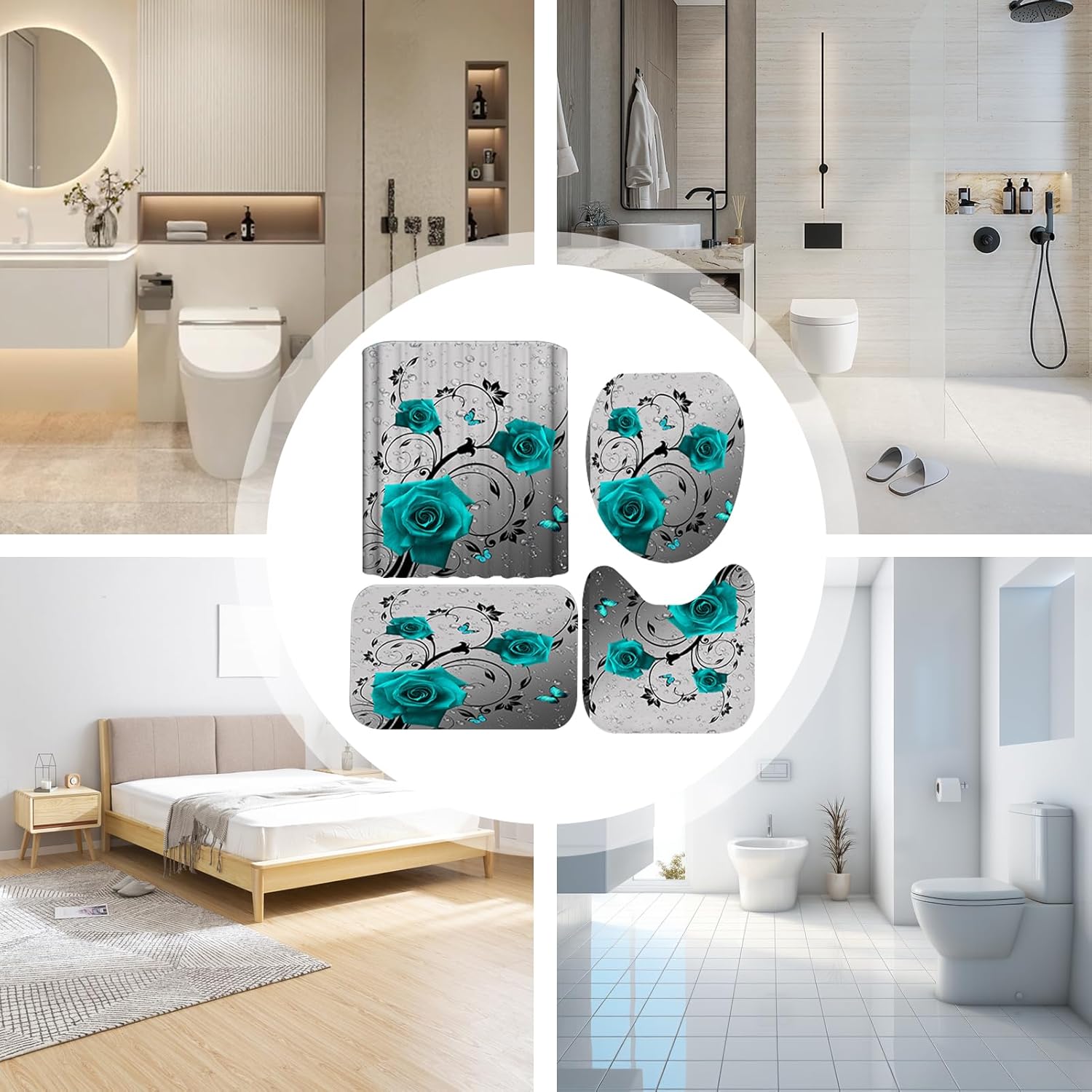 Red Bathroom Set, Valentine's Day Waterproof Rose Shower Curtain Set, No-Punch Bathroom Shower Curtain with Non-Slip Rug, Toilet Lid Cover, Bath Mat, Romantic Decor for Bath (Cyan)