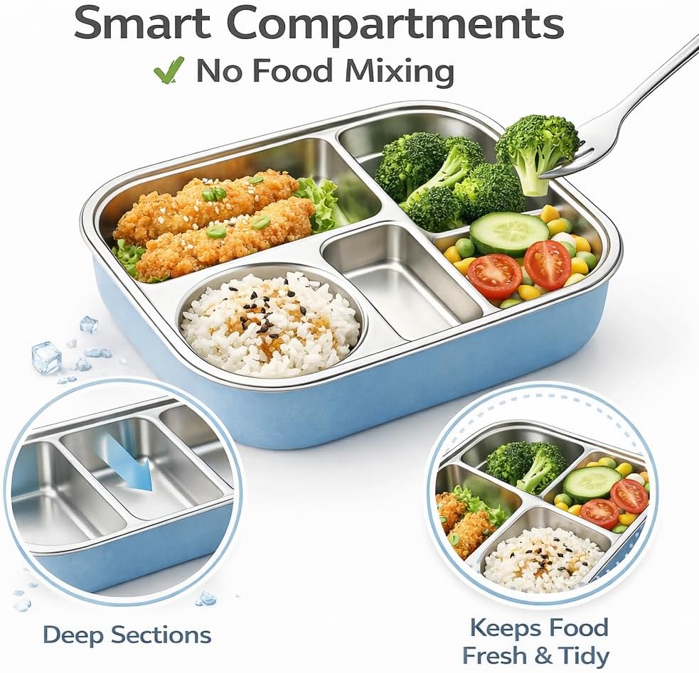 WALKA Stainless Steel Lunch Box for Adults – Leakproof 4 Compartment Metal Bento Box with Insulated Lunch Bag, 304 Food Grade Steel, BPA-Free, Dishwasher Safe (Blue)