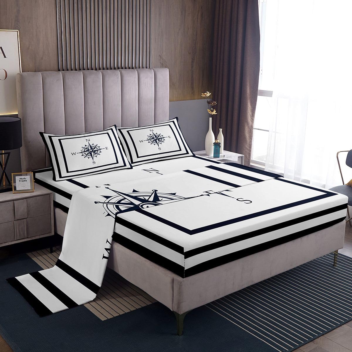 jejeloiu Compass Bed Sheets Set Queen Size Nautical Themed Sheet Set for Kids Boys Girls Decor Ocean Coastal Sheets with Deep Pocket Fitted Sheet Microfiber Bedding Set Bedroom