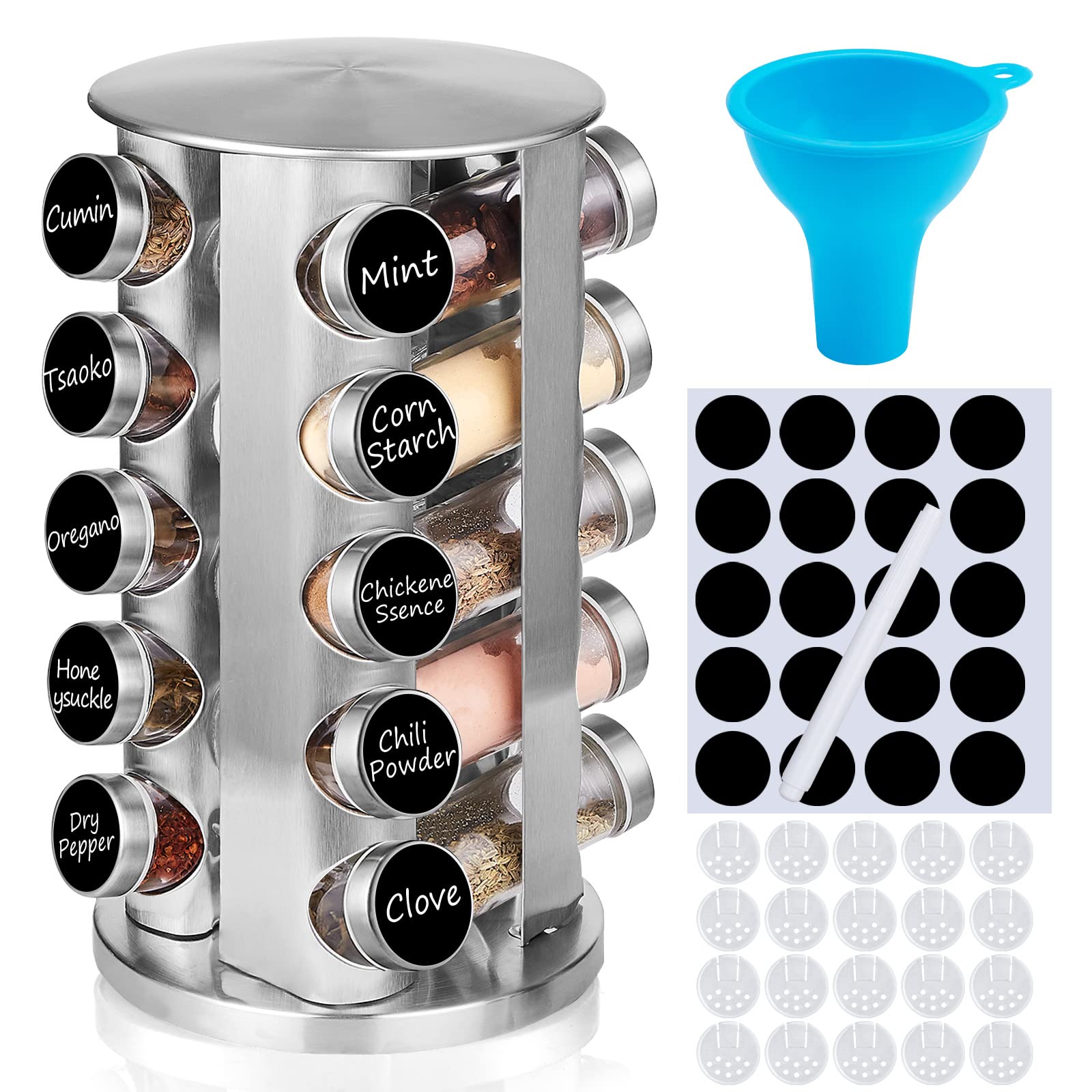 defway Spice Rack Organizer for Countertop - Stainless Steel Spice Organizer with 20 Seasoning Jars and Funnel, Large Standing Cabinet Seasoning Tower for Kitchen (20 Round)