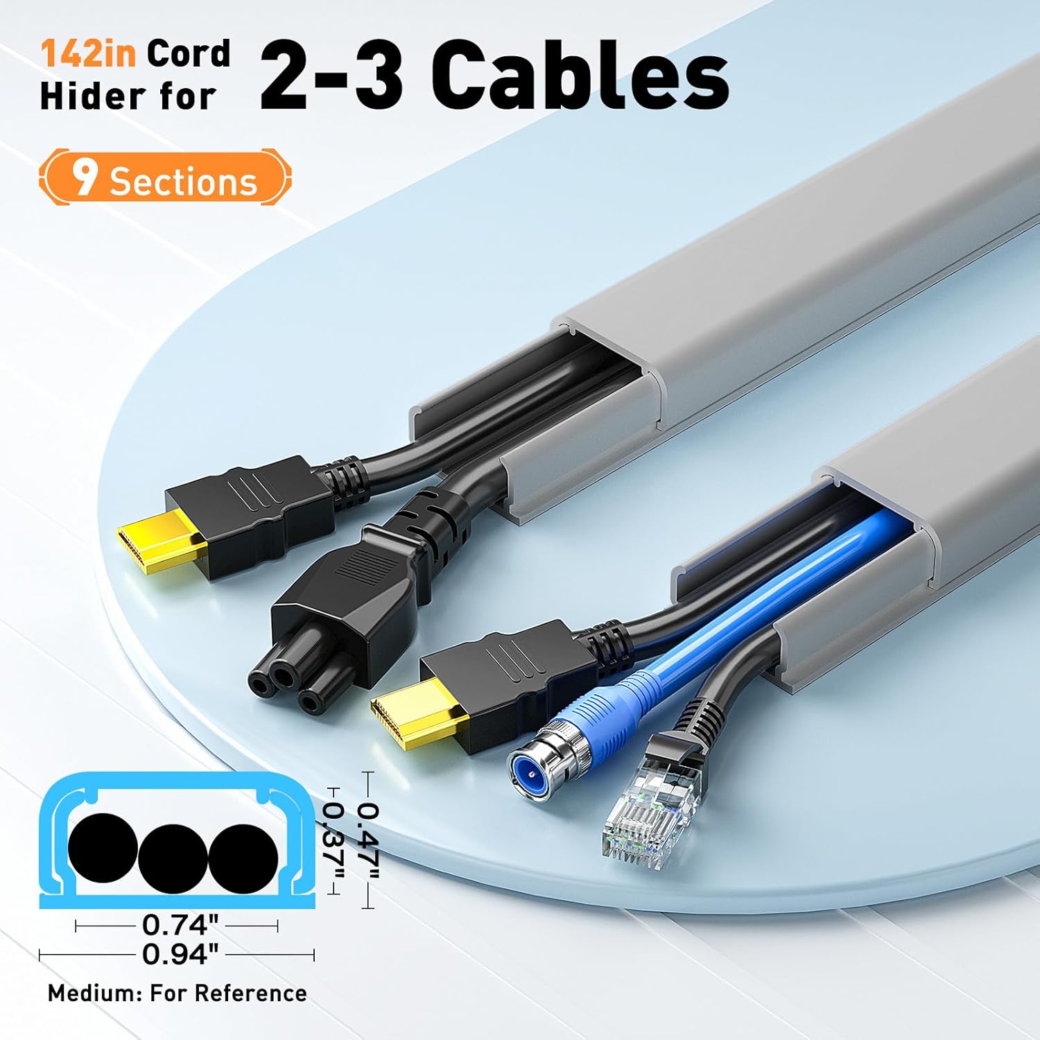 delamu cord hider, 142in cable hider, cord covers for 2-3 wires on wall, wire covers for cords, wire hiders for tv on wall, easier setup cable cover cable management, w0.94 h0.47in, grey 142in l x 0.94in w x 0.47in h grey