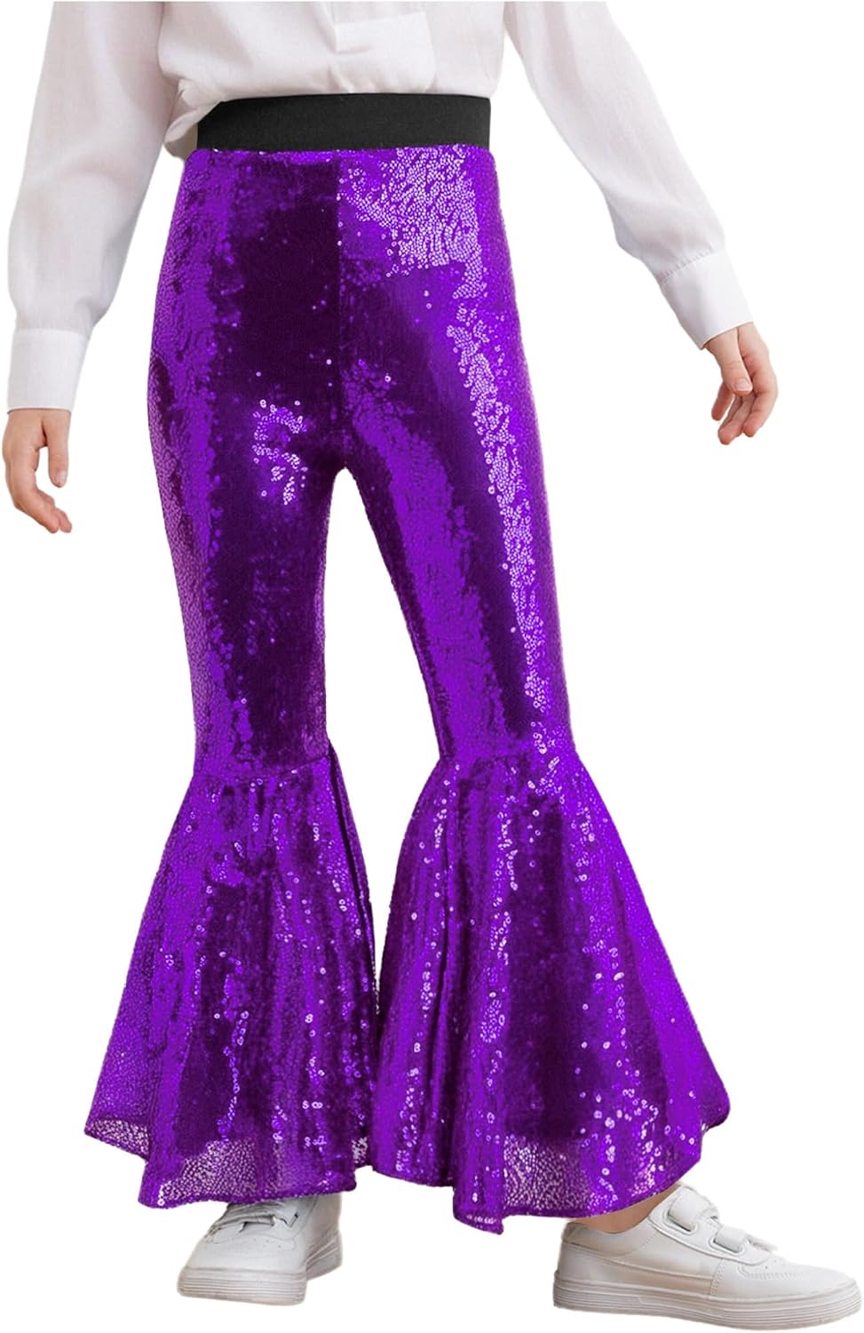 Kids Girls Glittery Sequins Jazz Flared Pants Disco Dance Bell-Bottom Performance Trousers Yoga Ruffle Leggings