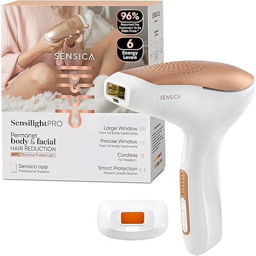Sensica Sensilight PRO IPL At-Home Cordless Laser Hair Removal Device for Women & Men, XL Body Window for Super Fast Treatments, Precision Window for Face, Auto Glide, 2 Smart Sensors, 6 Energy Levels