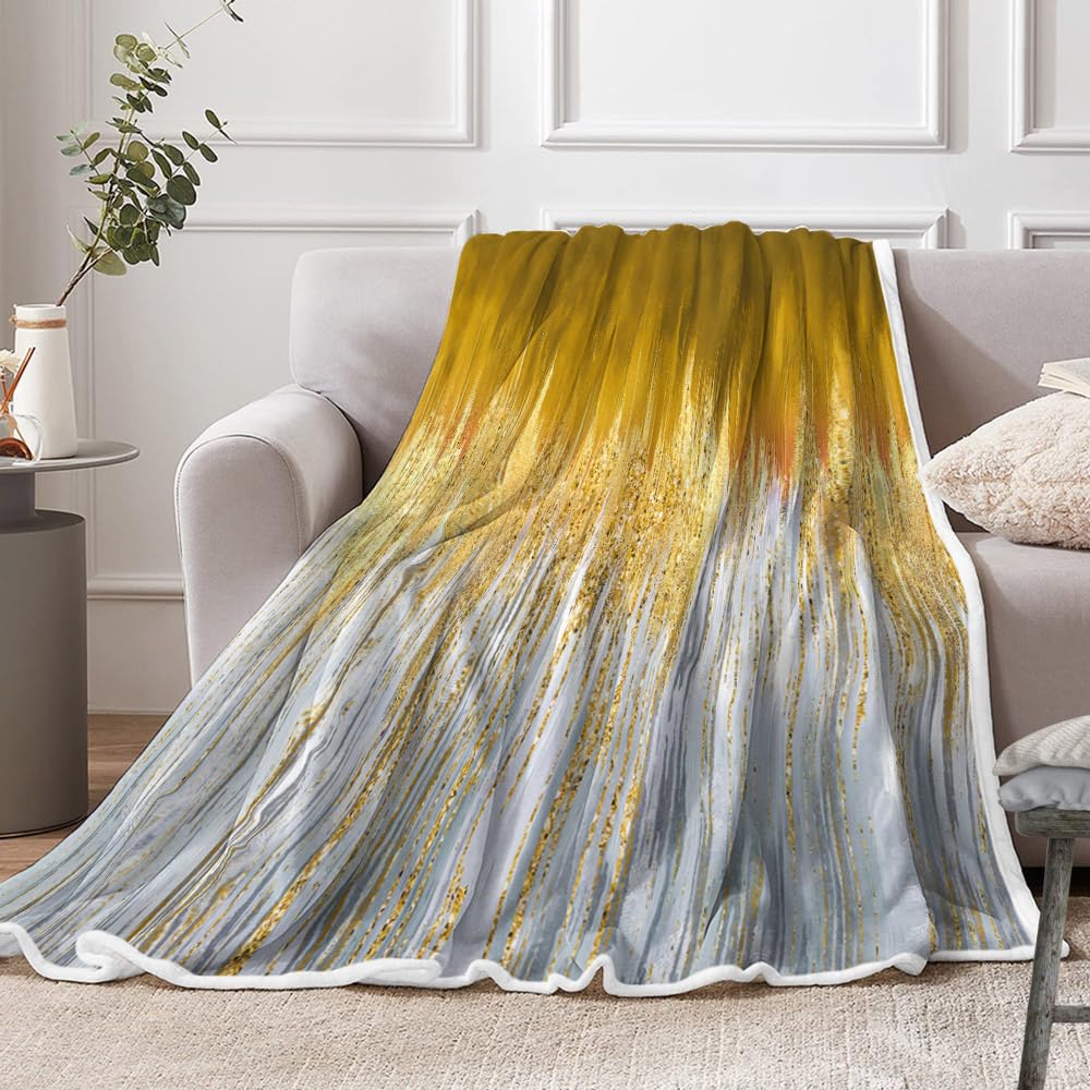 JAWO Golden Fleece Throw Blanket - Gold Yellow Abstract Stripes Sherpa for Boys Teens Decor - Geometric Plush Dark Emerald Modern Fuzzy for Home Sofas