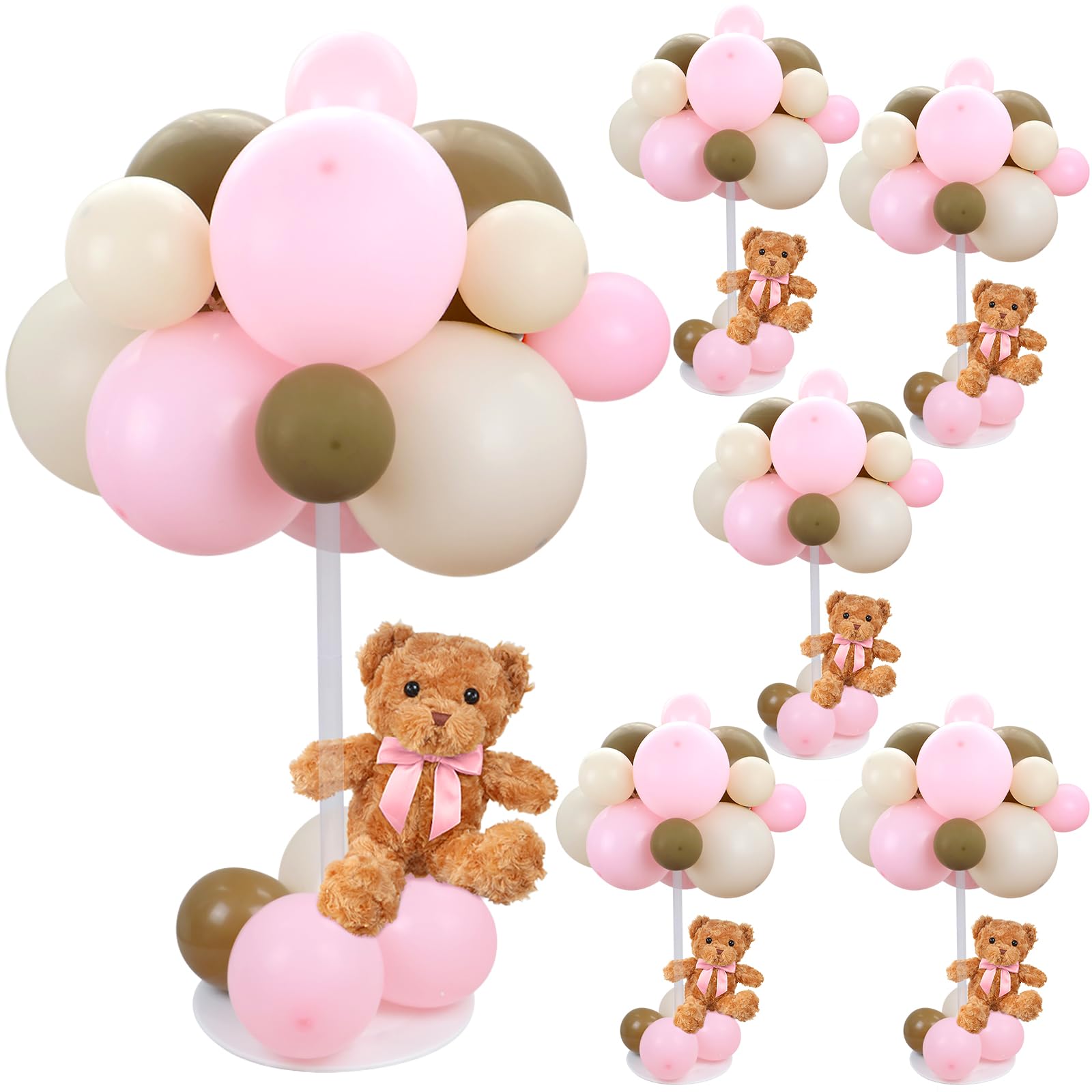 Acmee Bear Table Centerpieces for Baby Shower - Set of 6 Pink Bear Balloon Baby Shower Decorations Include Stuffed Bears Balloons Kit with Stand Table