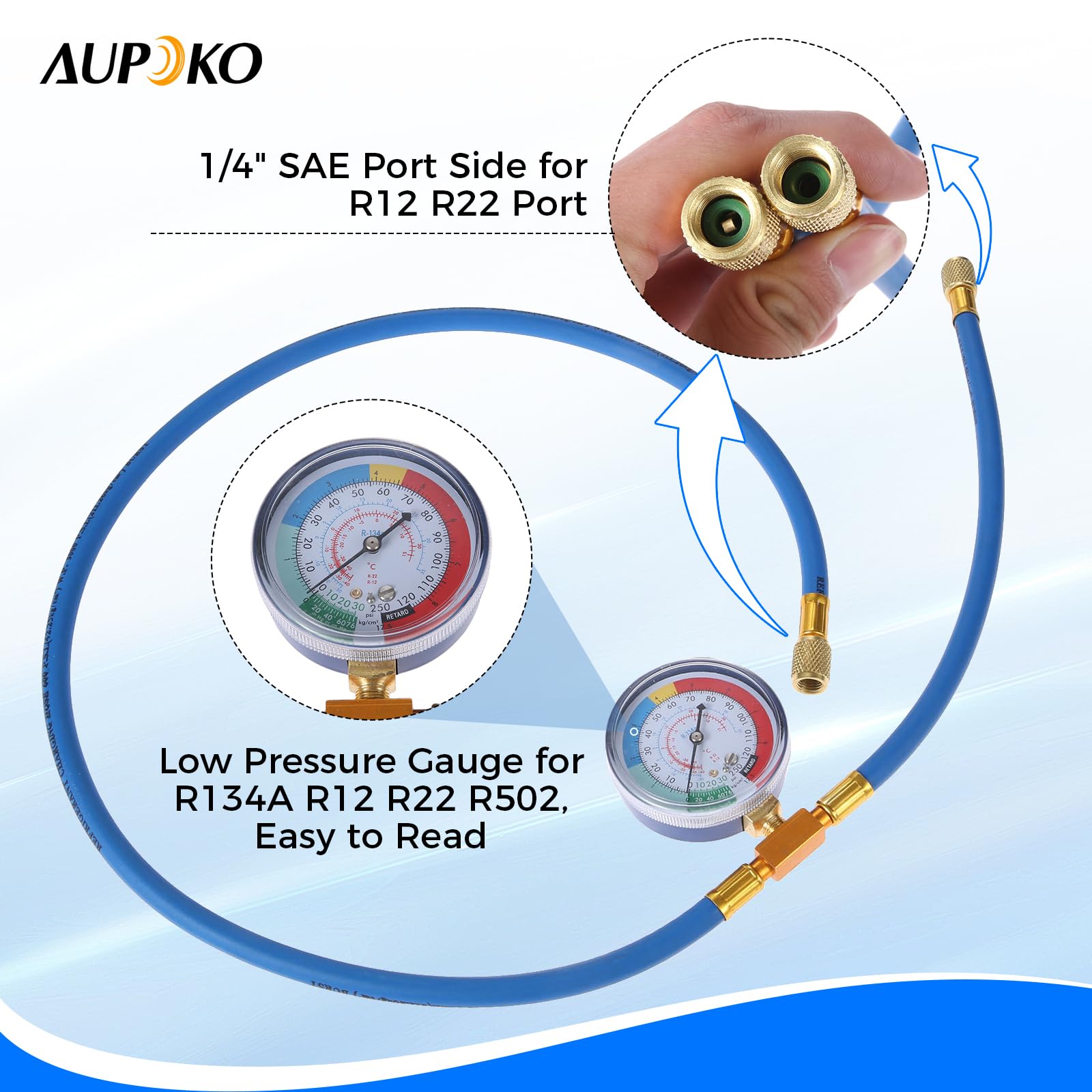 Aupoko R134A Tubo di carica per refrigerante AC per auto, 159 cm, tubo di carica con manometro R134A Valvola rubinetto tipo perforazione, kit manometro a bassa pressione accoppiatore rapido A/C