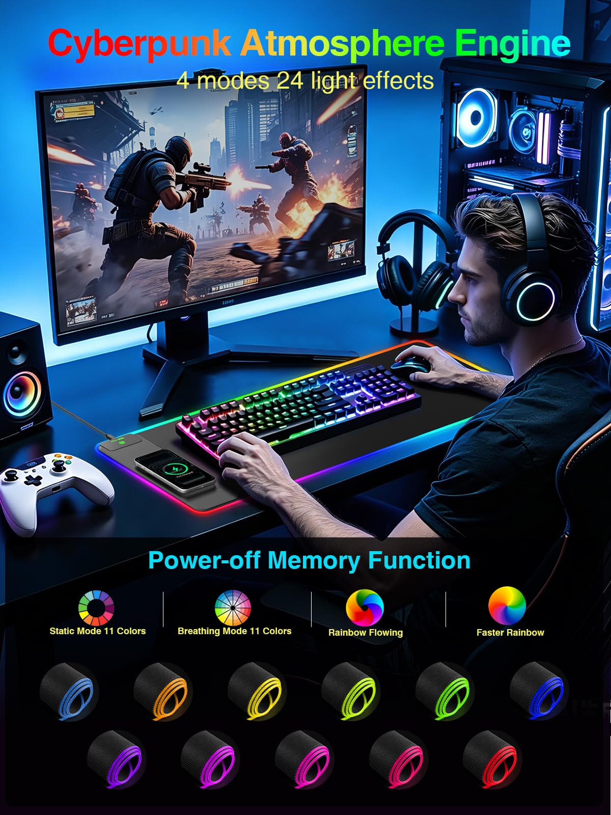 Tappetino per mouse da gioco RGB con ricarica wireless, 800 x 300 grandi, 24 effetti di luce, base antiscivolo, superficie ultra liscia impermeabile