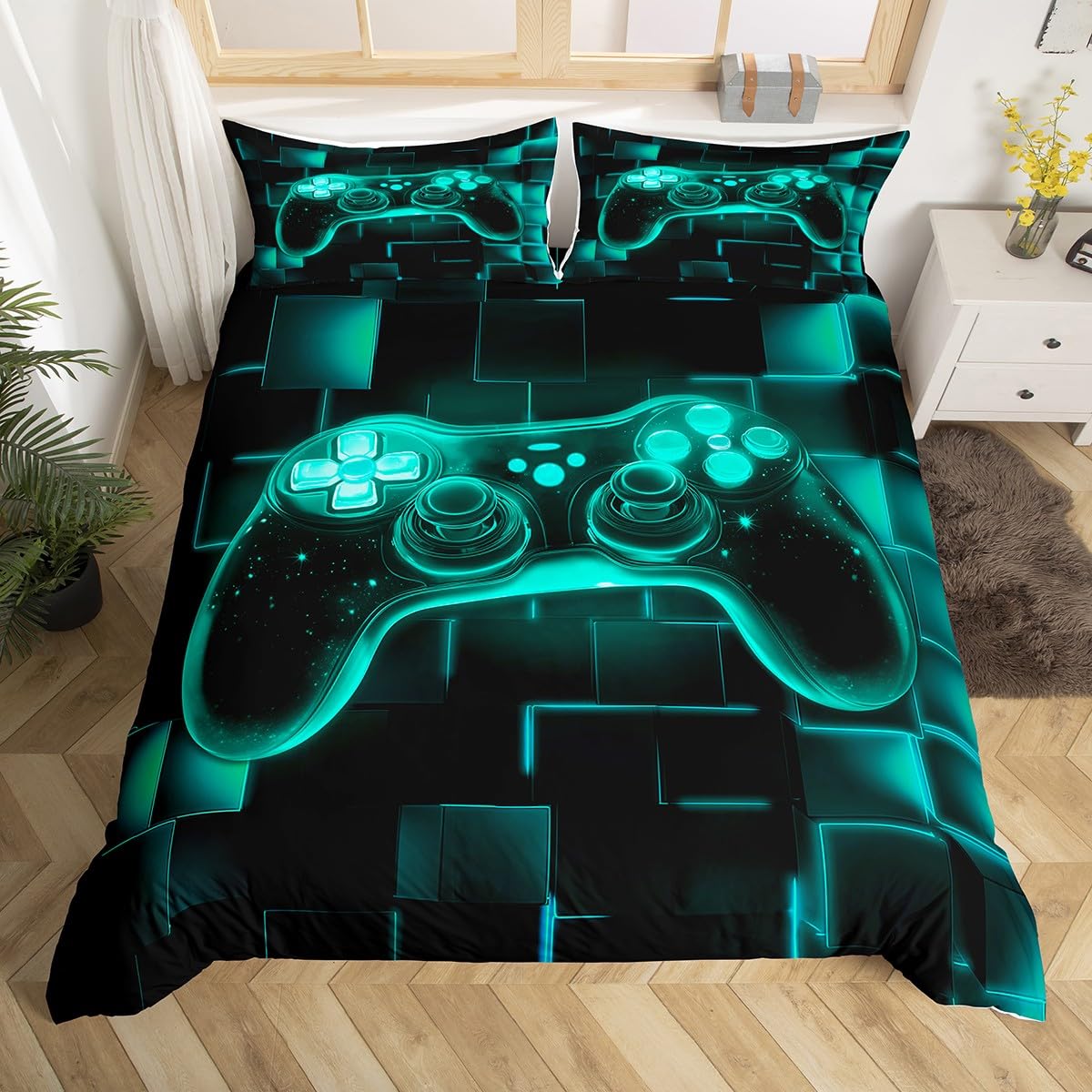 Homewish Kids Gamer Double Duvet Cover Set Boys Gaming Bedding Teal Game Room Decor, Galaxy Video Games Gamepad Quilt Cover Neon Square Geometric Grid Bed Sets with 2 Pillowcases