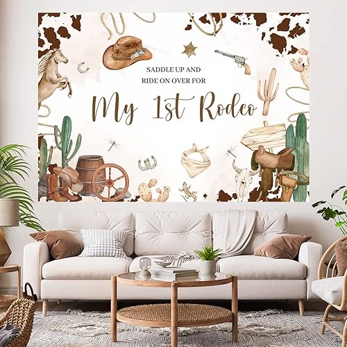 Miniatura 4 de Hilioens Fondo de 7 x 5 pies con texto en inglés "My 1st Rodeo", fondo de primer cumpleaños de vaquero occidental para niña, cactus del salvaje