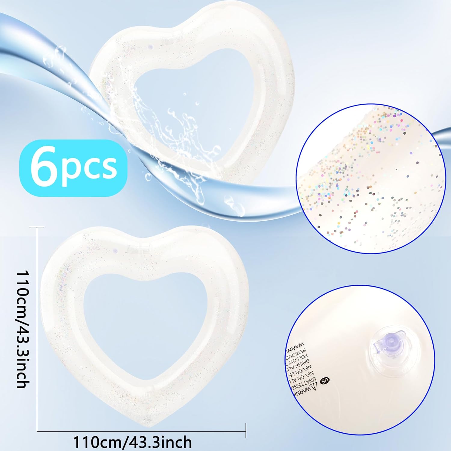 6 Pack Large Glitter Heart Pool Float 43 Inch Heart Shaped Pool Float Swimming Pool Floats Inflatable Swim Rings Inflatable Swimming Tube Ring for Adults Summer Beach Party
