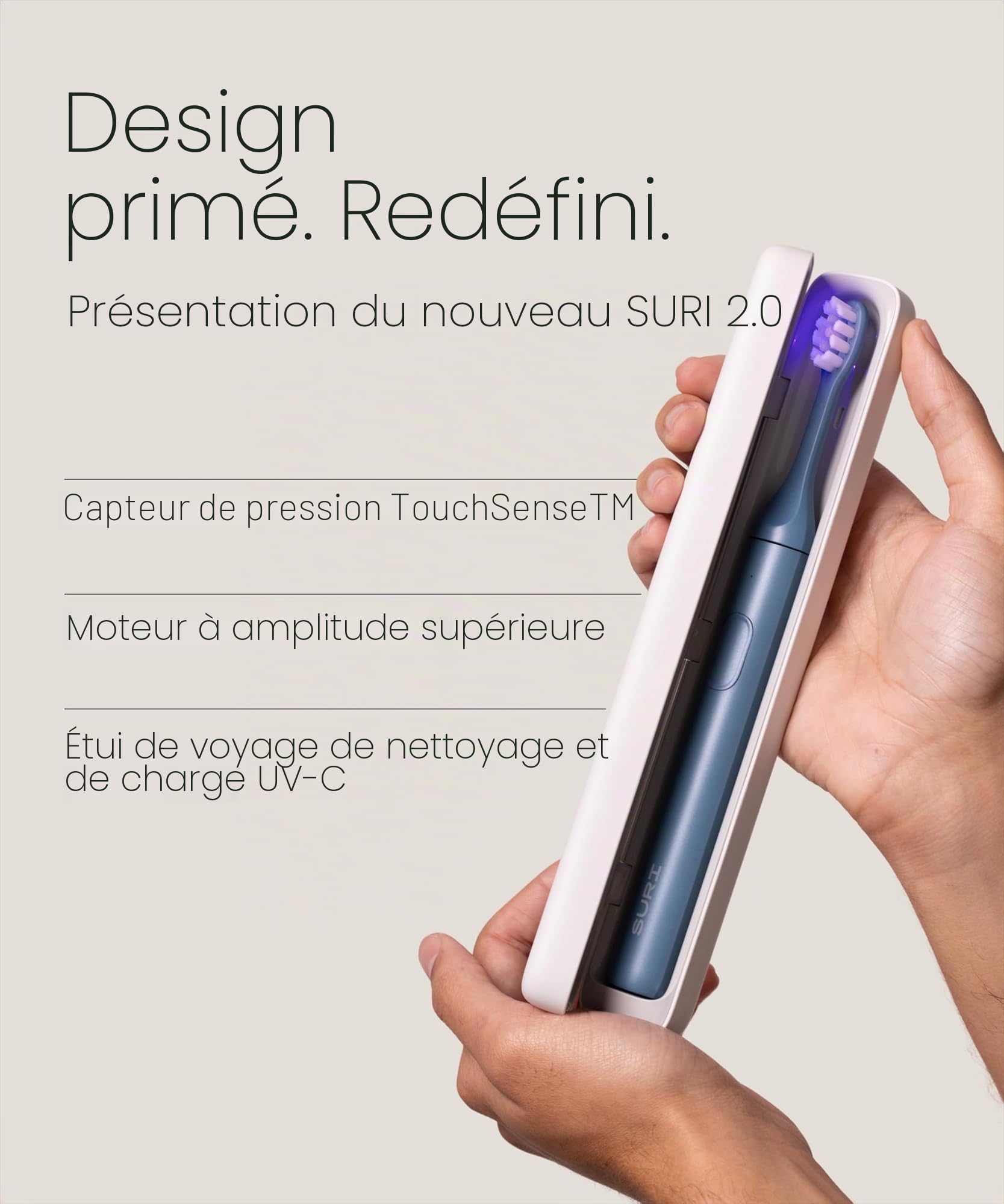 SURI 2.0 Brosse à dents électrique Sonic avec capteur de pression et étui de voyage pour nettoyage UV | 1 mois + batterie | Conçue à Londres | Brosse à dents électrique pour adultes | Brosses à dents