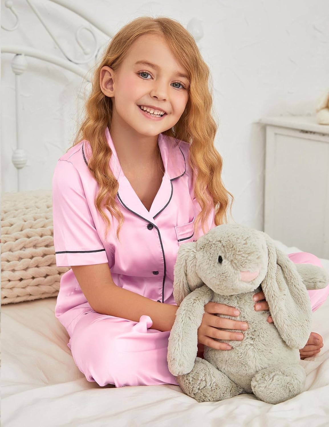 QPANCY Kids Satin Pajamas Sets Boys and Girls Silk Button Down 3 Pieces Pjs Silky Loungewear Clothes Set - Image 4