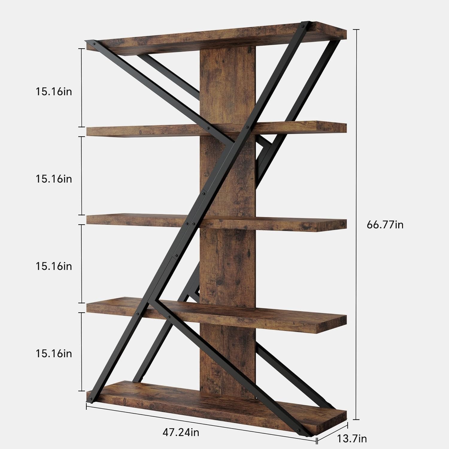 FUSUNBAO Industrial Bookshelf, Vintage 5-Tier Tall Bookcase with Wood and Metal Frame, Rustic Large Display Shelf for Home Office, 67" H x 47" L x 12" W, Rustic Brown