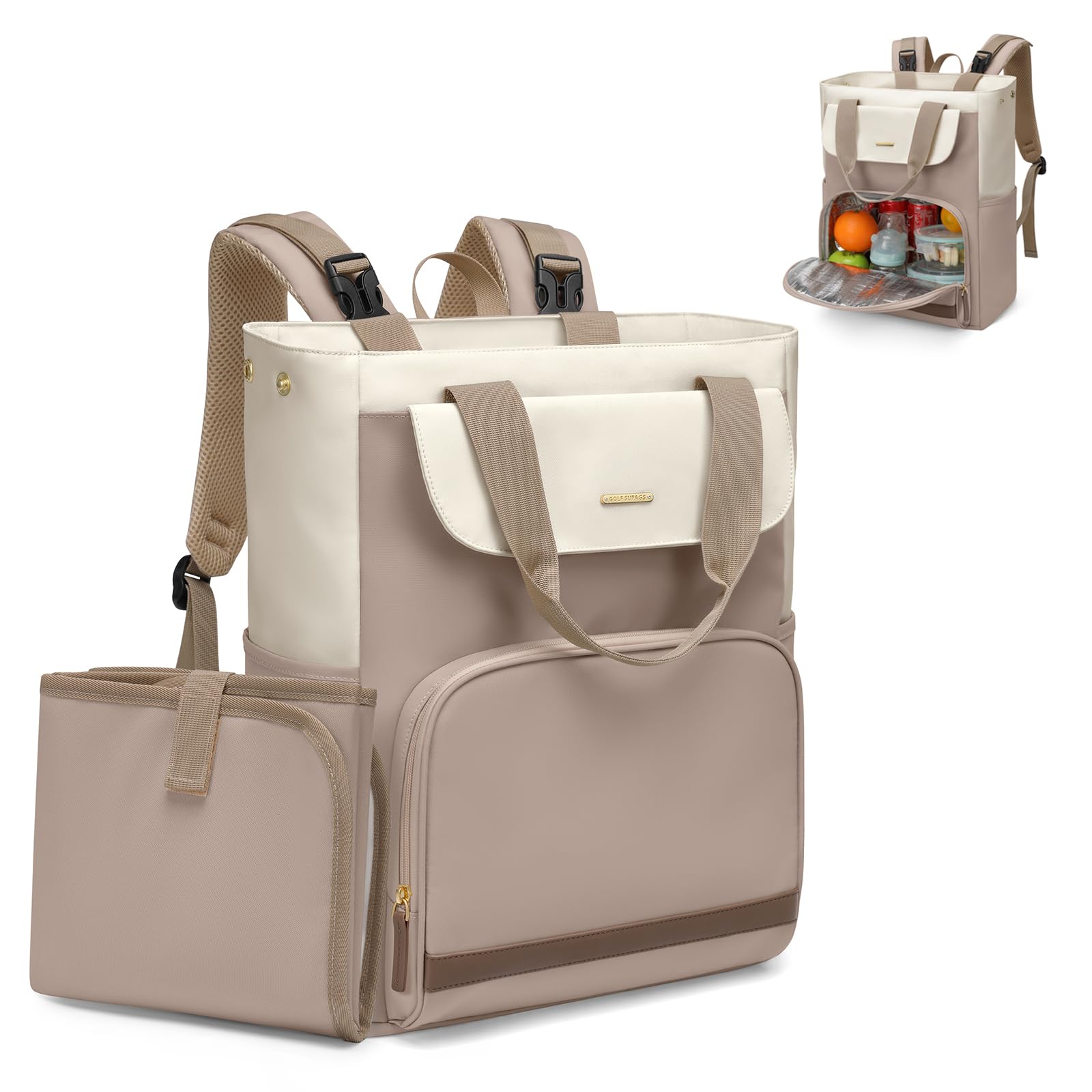 GOLF SUPAGS 25L Baby Wickelrucksack mit Tragbarer Wickelauflage und Kinderwagengurte, Lsoliertes Lunch Rucksack, Diaper Bag Babytasche Multifunktional für Mama und Papa (Champagnerfarben & Weiß)