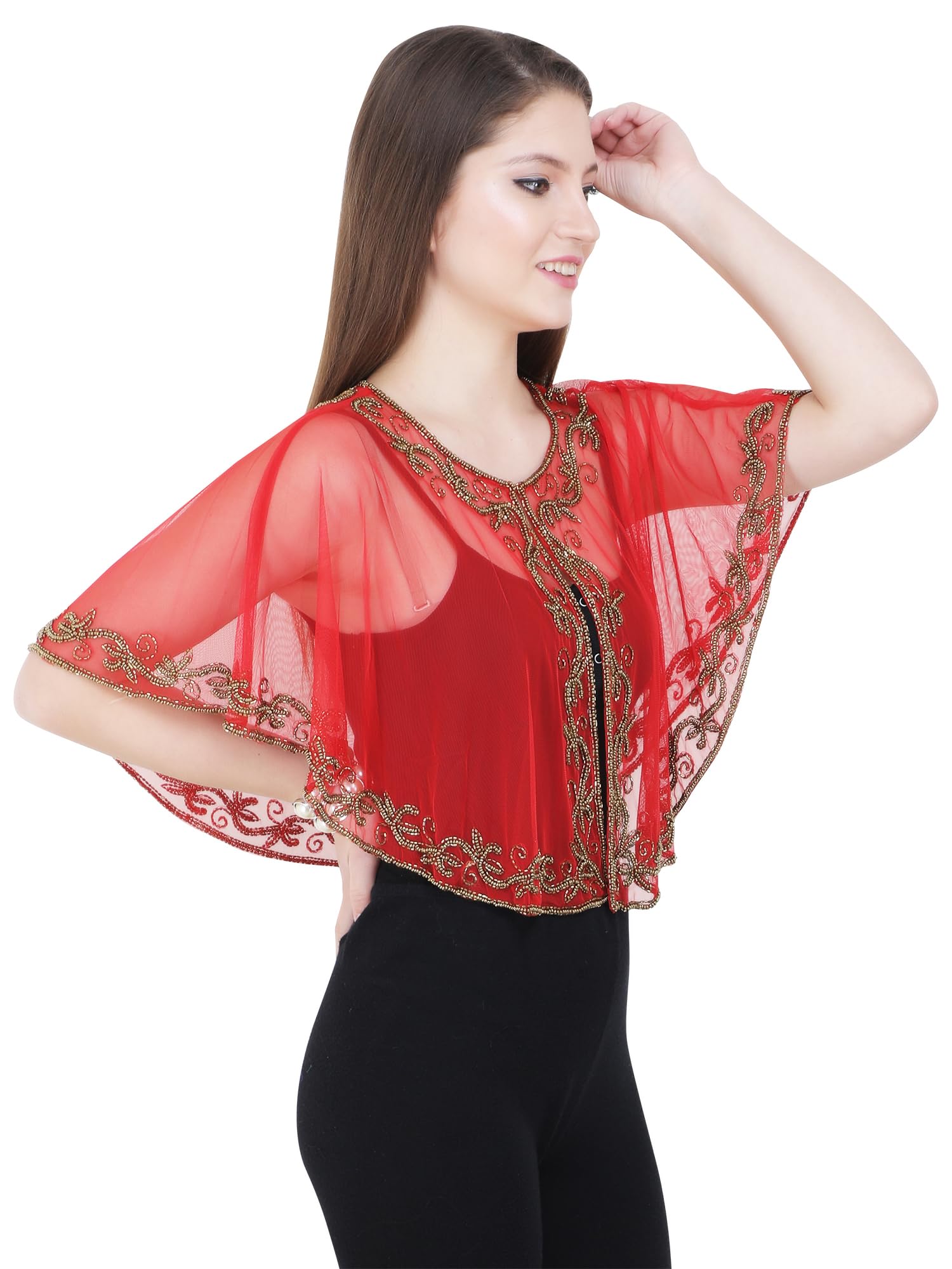 Red Color With Gold Beaded Poncho Shrug Front Open Hand Embroidered Net Material Cover Up Style for Saree Suit Special Event Attire Wedding Cocktail Wear Free Size Vacation & Ethnic Wear-picture-14