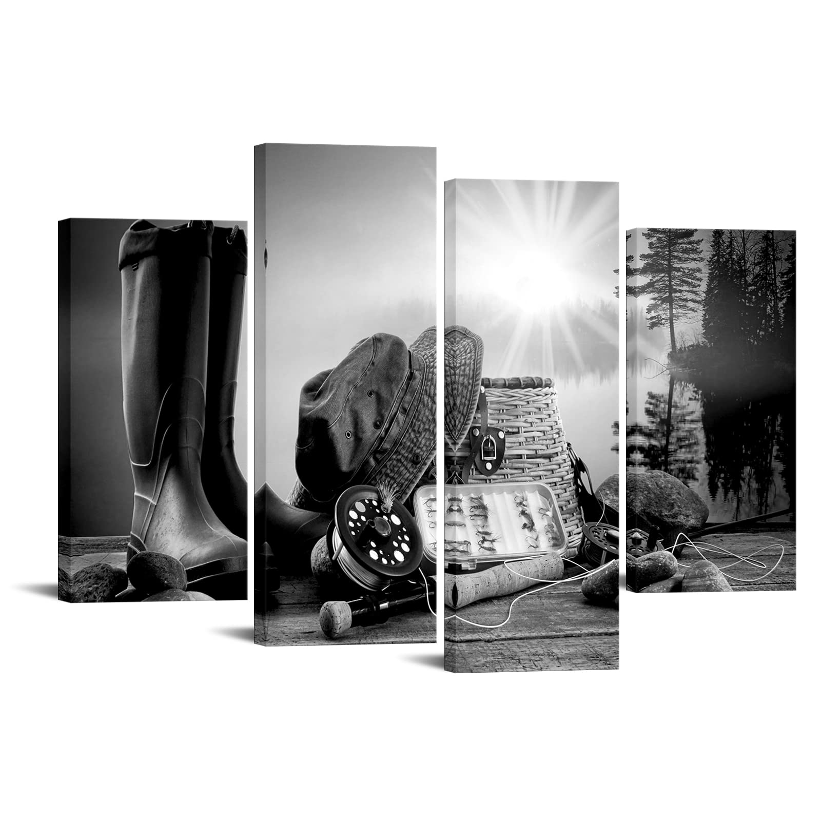 Nachic Wall Fishing Canvas Wall Art Black and White Fisherman Man Cave Pictures Paintings Farmhouse Cabin Decoration