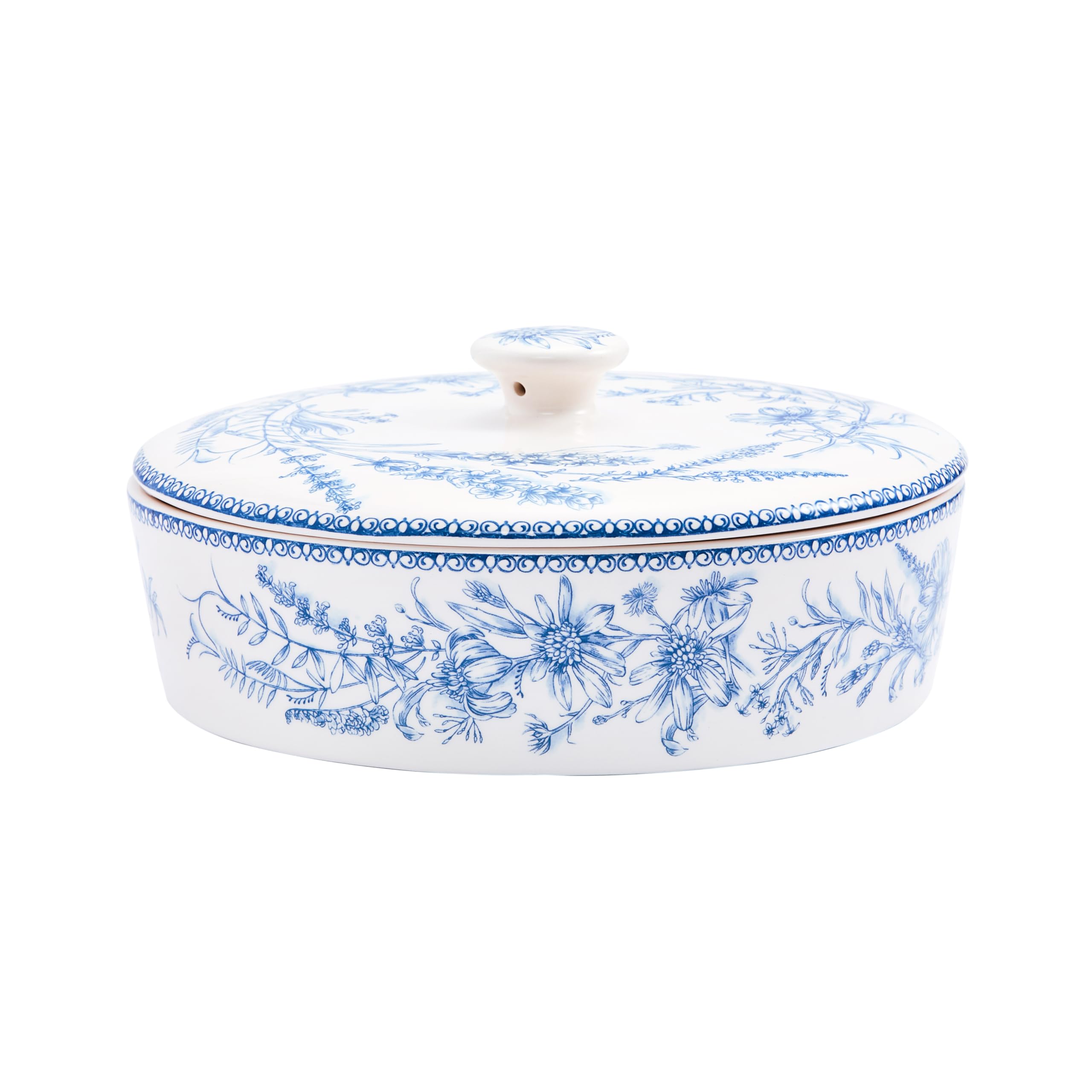 Bico Blue Garden Toile De Jouy Ceramic Tortilla Warmer, 8.9 Inch Tortilla Holder with Lid for Taco Bread Pancake for Mexican Night and Party, Microwave and Dishwasher Safe