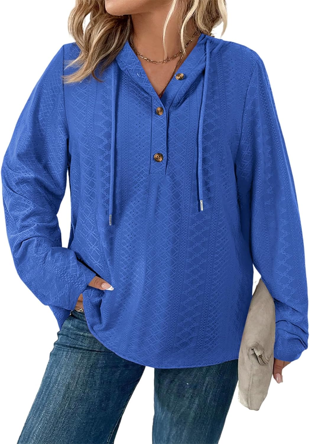 Eytino Womens Plus Size Sweatshirts Long Sleeve V Neck Embroidered Eyelet Drawstring Button Pullover Hooded Tops(1X-5X)