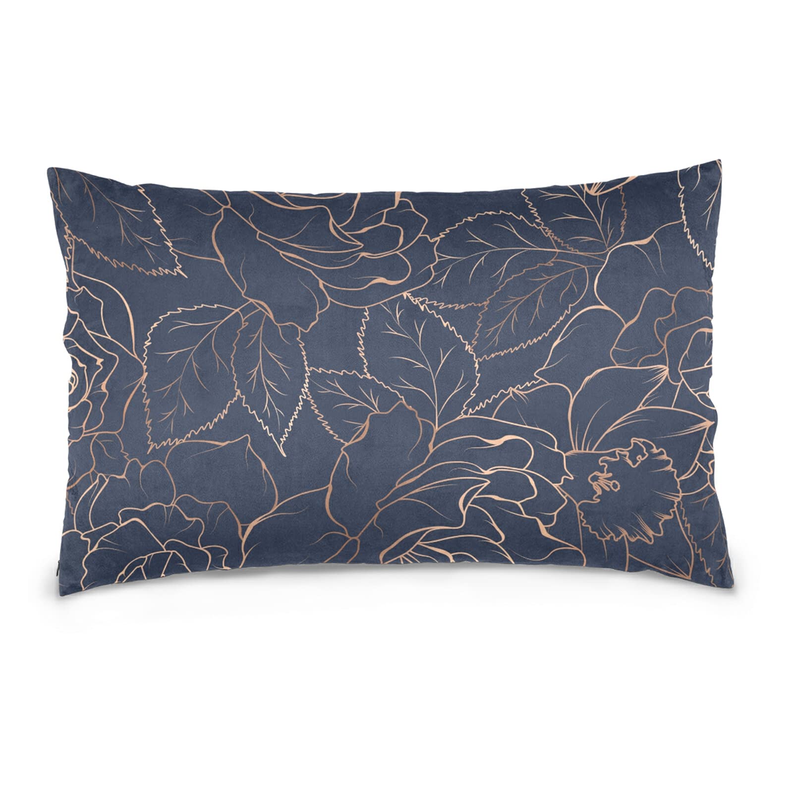 Poeticcity Multi 19 Copper-Gold Shiny Outline Rose Peony Flowers Leaves On Dark Navy Blue Cotton Velvet Pillowcase, Throw Pillow Sham Cushion Case Covers, Soft Breathable Bed Pillow Cases For Car Couch Bed 16X24 Inches