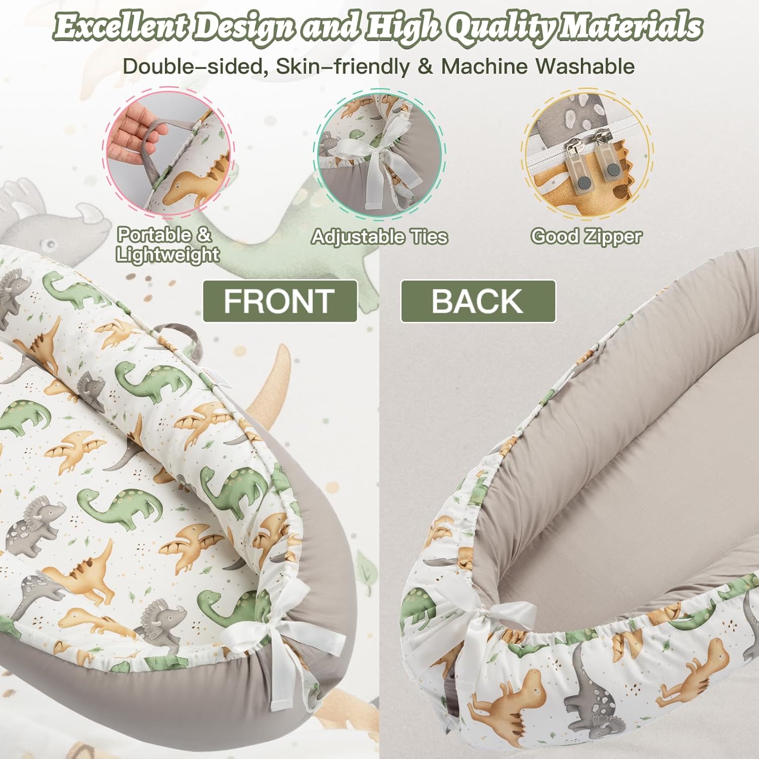 Alened Baby Lounger for Newborn 0-24 Months, Organic Cotton Infant Lounger on Floor for Supervised Tummy Time, Adjustable Portable Support Pad for New Born Awake Use Only - Dinosaur