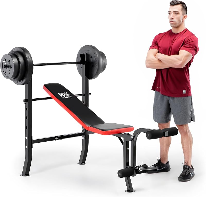 Marcy Standard Bench with 80lbs to 100 lbs Vinyl-Coated Weight Set for Strength Training Lifting for Home Gym