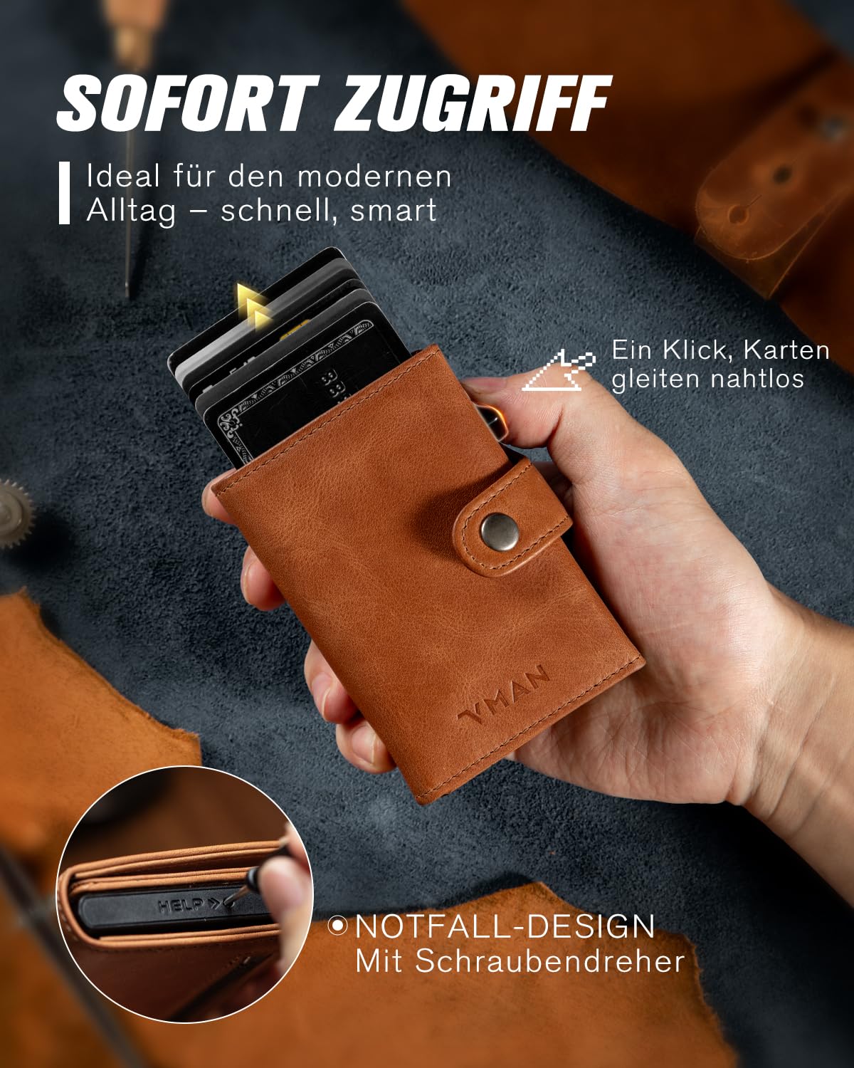 VMAN Geldbörse Herren, Slim Wallet mit Münzfach, RFID Schutz, Premium Leder Portmonee Geldbeutel für 8–11 Karten, Kleines Kartenetui für Alltag & Reise - Braun