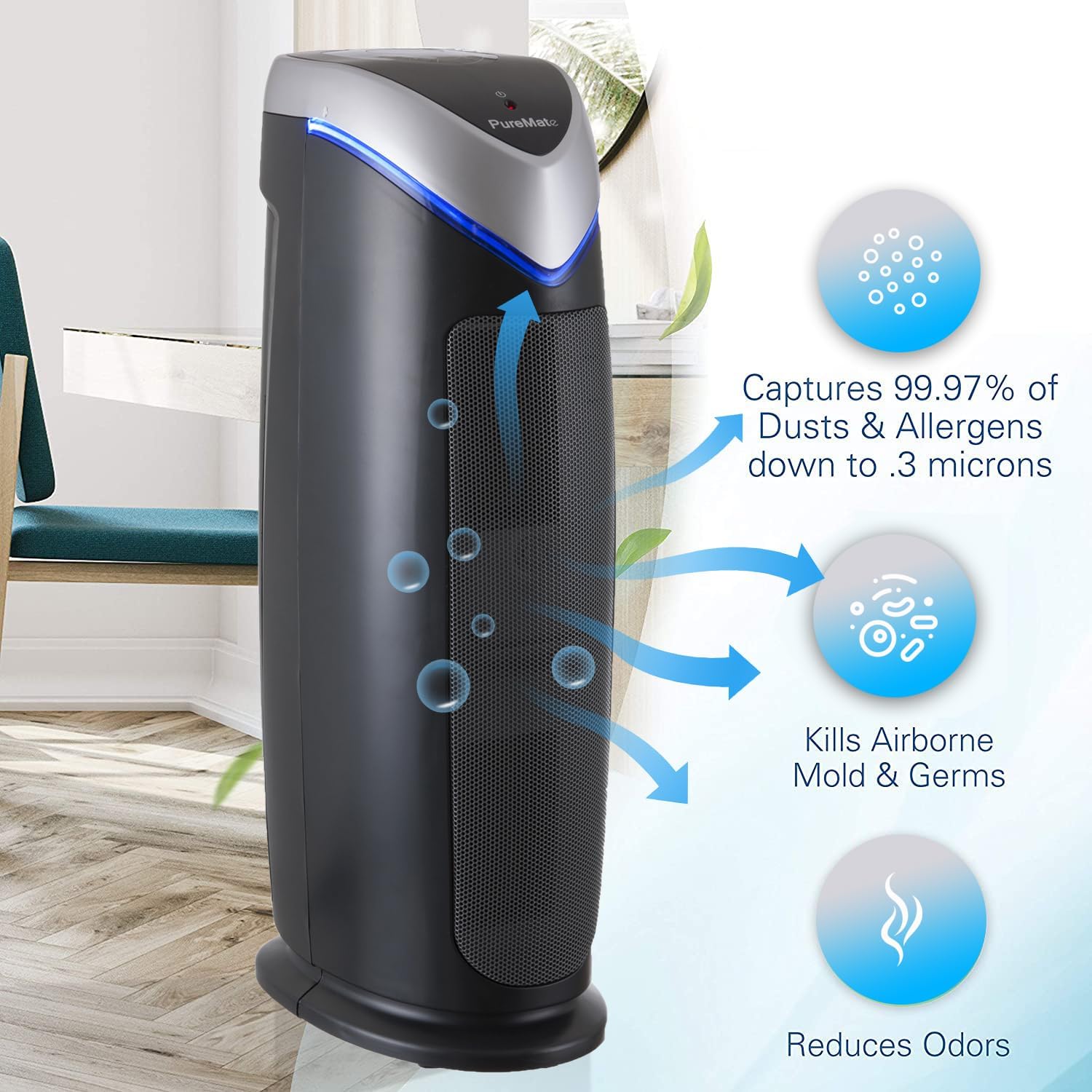 Diagram illustrating the 2-in-1 True HEPA and Activated Carbon Filter capturing various airborne particles such as allergens, pollen, bacteria, dust, dander, pet fur, odors, and airborne viruses.