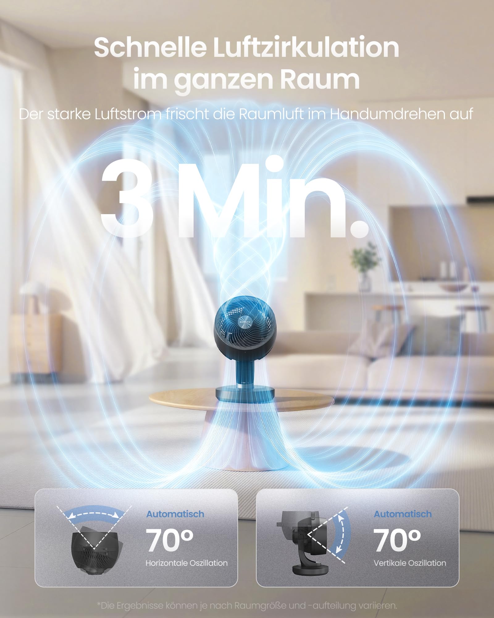 SONGMICS Tischventilator, Ventilator leise 20 dB, Luftzirkulator LED-Display, Fernbedienung, effiziente Kühlung, 70° Oszillation, 8 Geschwindigkeiten, 12 Std. Timer, tintenschwarz XFC001B1EU