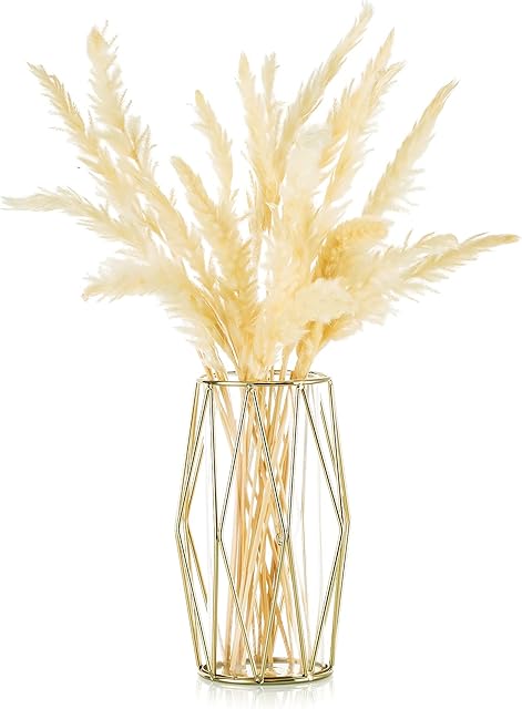 Glass Vase for Flowers Gold, Modern Small Vases for Pampas Grass with Geometric Metal Rack for Artificial Flowers Living Room Dining Table Decoration Wedding Centrepiece Ornaments, 21.5cm Height