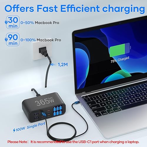 Miniatura 4 de Cargador USB C de 365 W de 6 puertos con pantalla LED de brillo ajustable, estación de carga USB, cargador rápido multipuerto PD 100 W 65 W QC 3.0