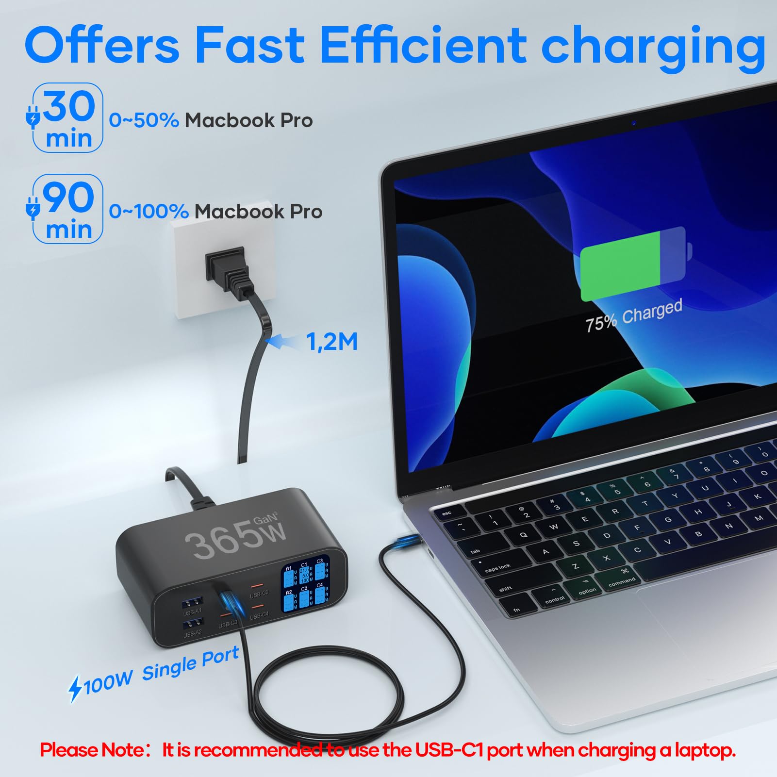 365W Caricatore USB C Multiplo con Schermo LED, YSYFAD 6 Porte Stazione di Ricarica GAN Fast PD Caricatore USBC 100W QC USBA caricabatterie per Macbook laptop usb i Phone Pad Watch Galaxy, Nero