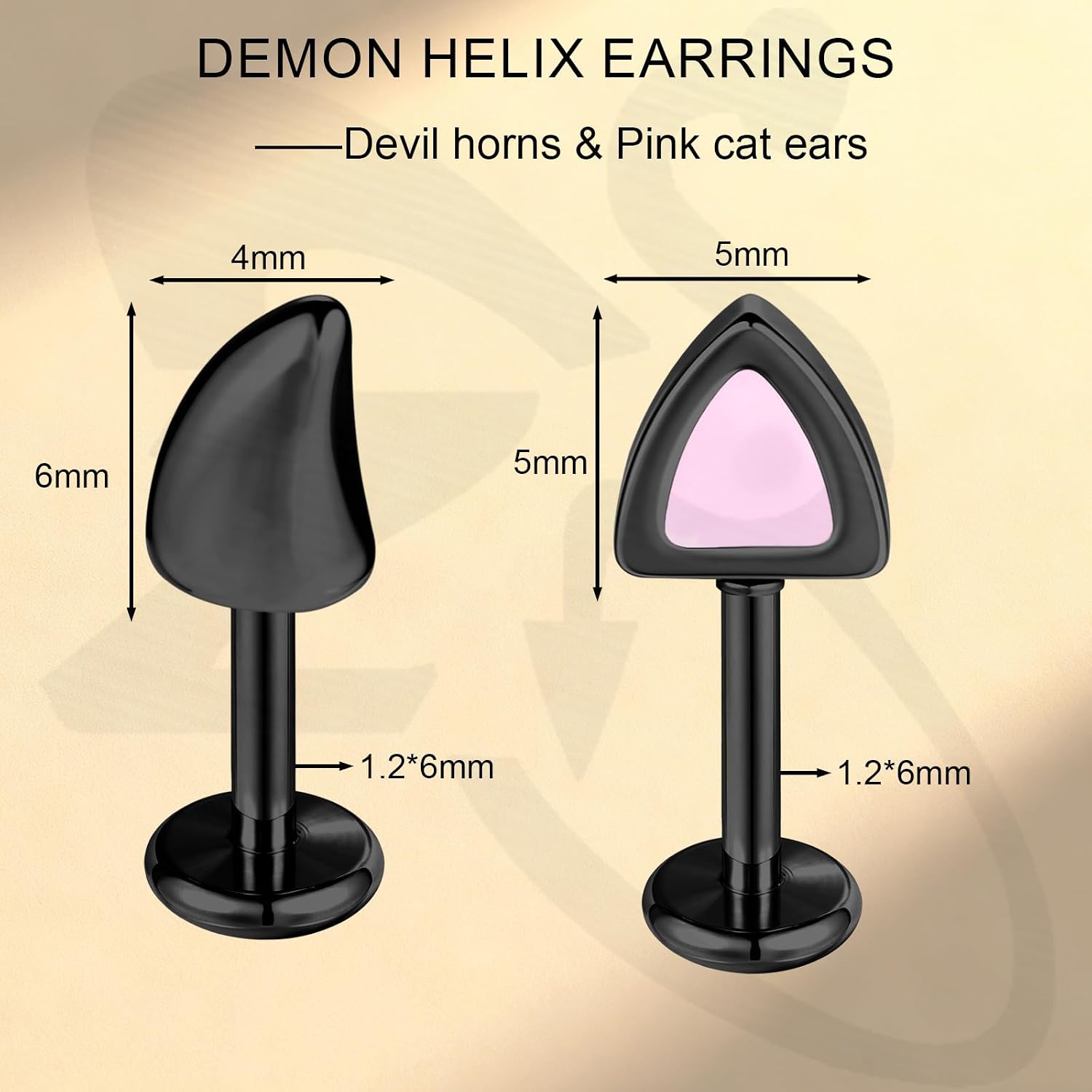 ZS Demon & Cat Helix Earrings Studs - 16G 6mm/8mm Stainless Steel Cartilage Earring - 2 Pairs Ear, Tragus, Helix, Conch, Industrial Piercing Jewelry with Silicone Discs