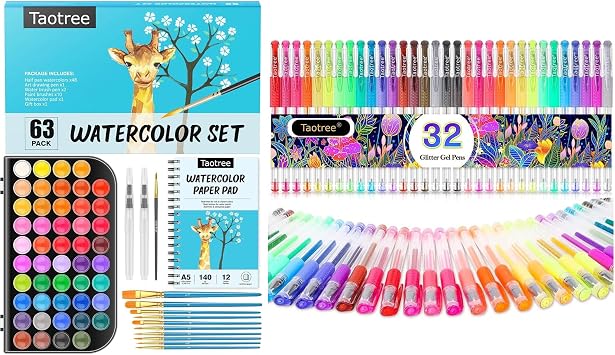 Taotree 48 Colors Watercolor Paint Set & 32 Color Glitter Gel Pens Bundle