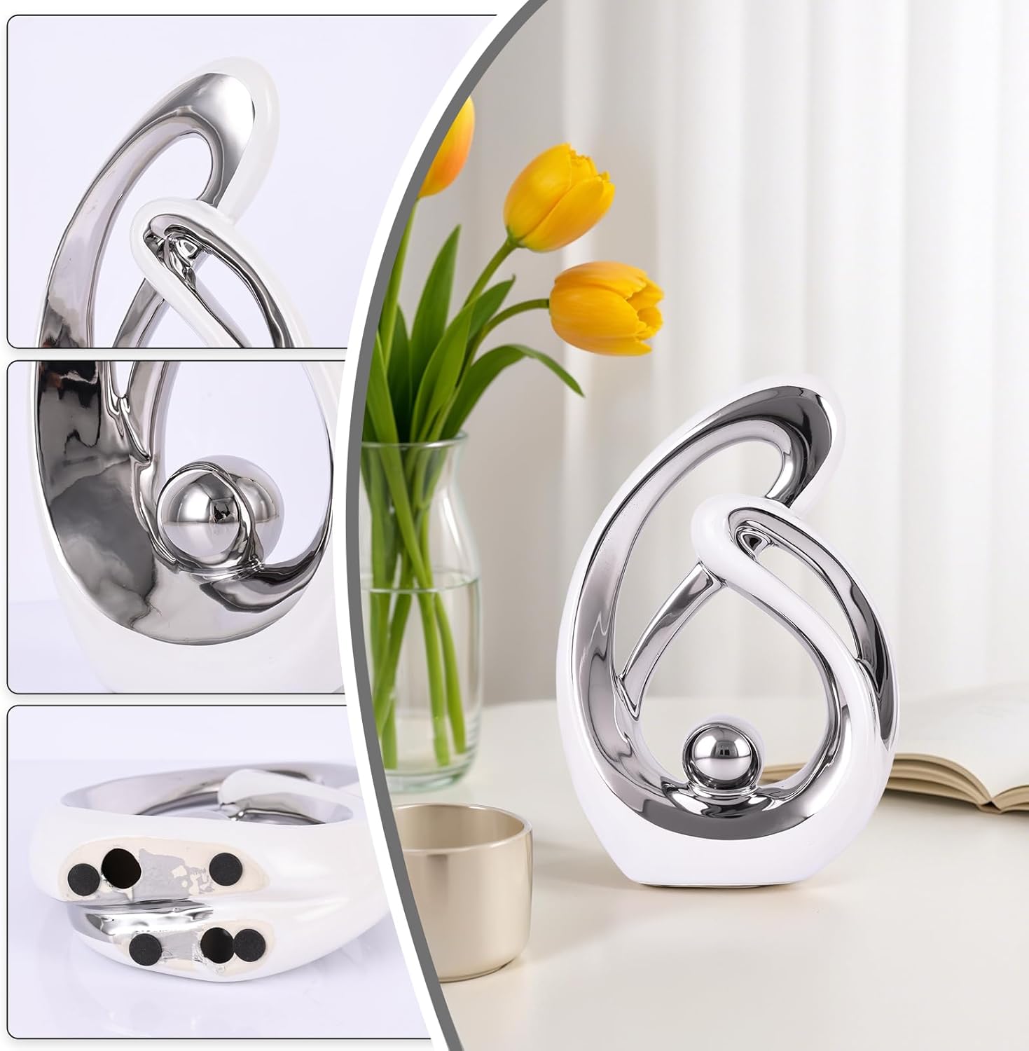 Abstract Ceramic Statue Set of 2, White and Silver Home Decor, Modern Art Living Room Decor, Room Accessories tv cabinets Bookshelves dividers Dining Table centerpieces, Foyer Entry Decor.