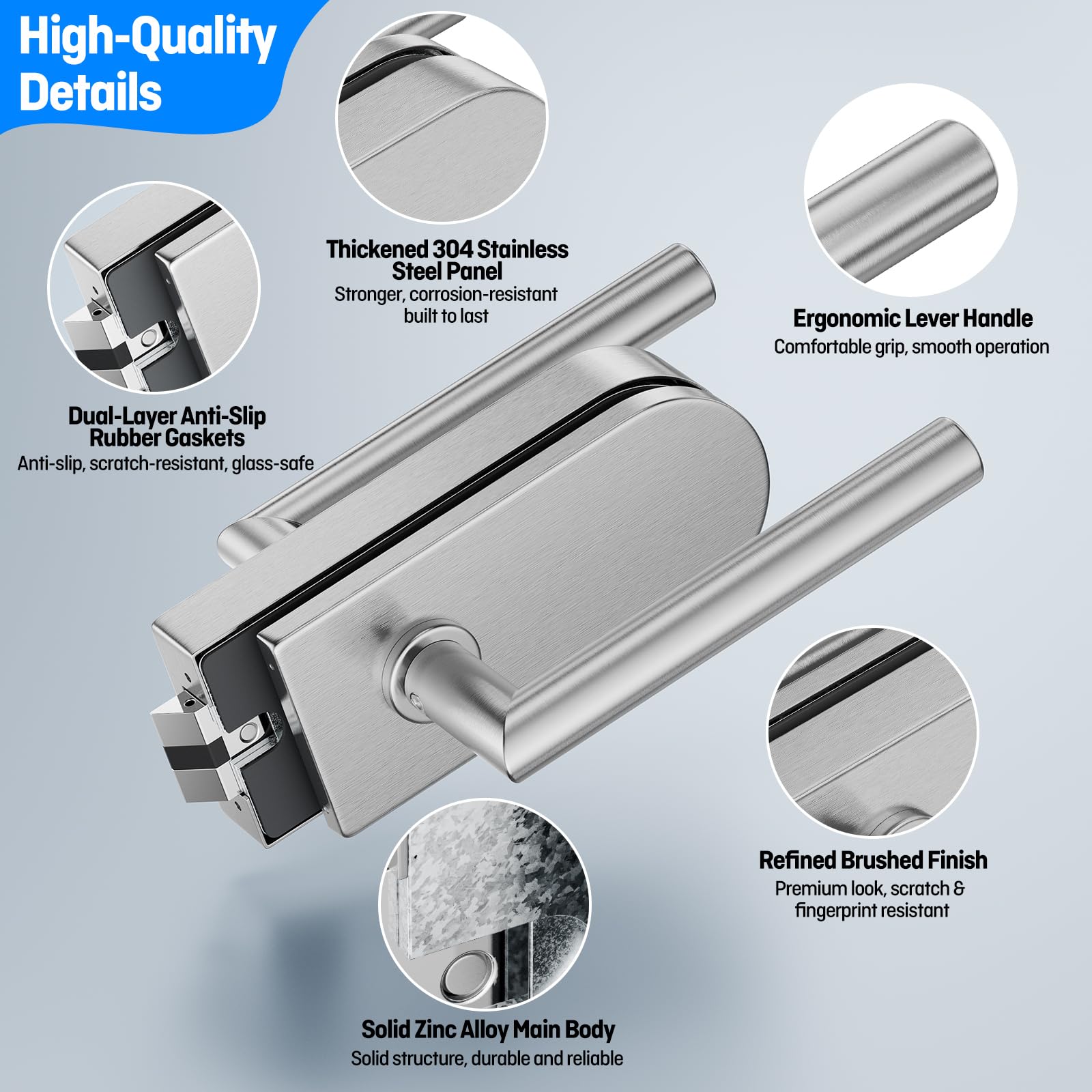 Ranbo Serrure porte verre sans cadre sans clé, 8-12 mm, nickel brossé | Inox 304, poignées doubles, fermeture silencieuse, verre pré-percé, serrure de passage, bureau et intérieur