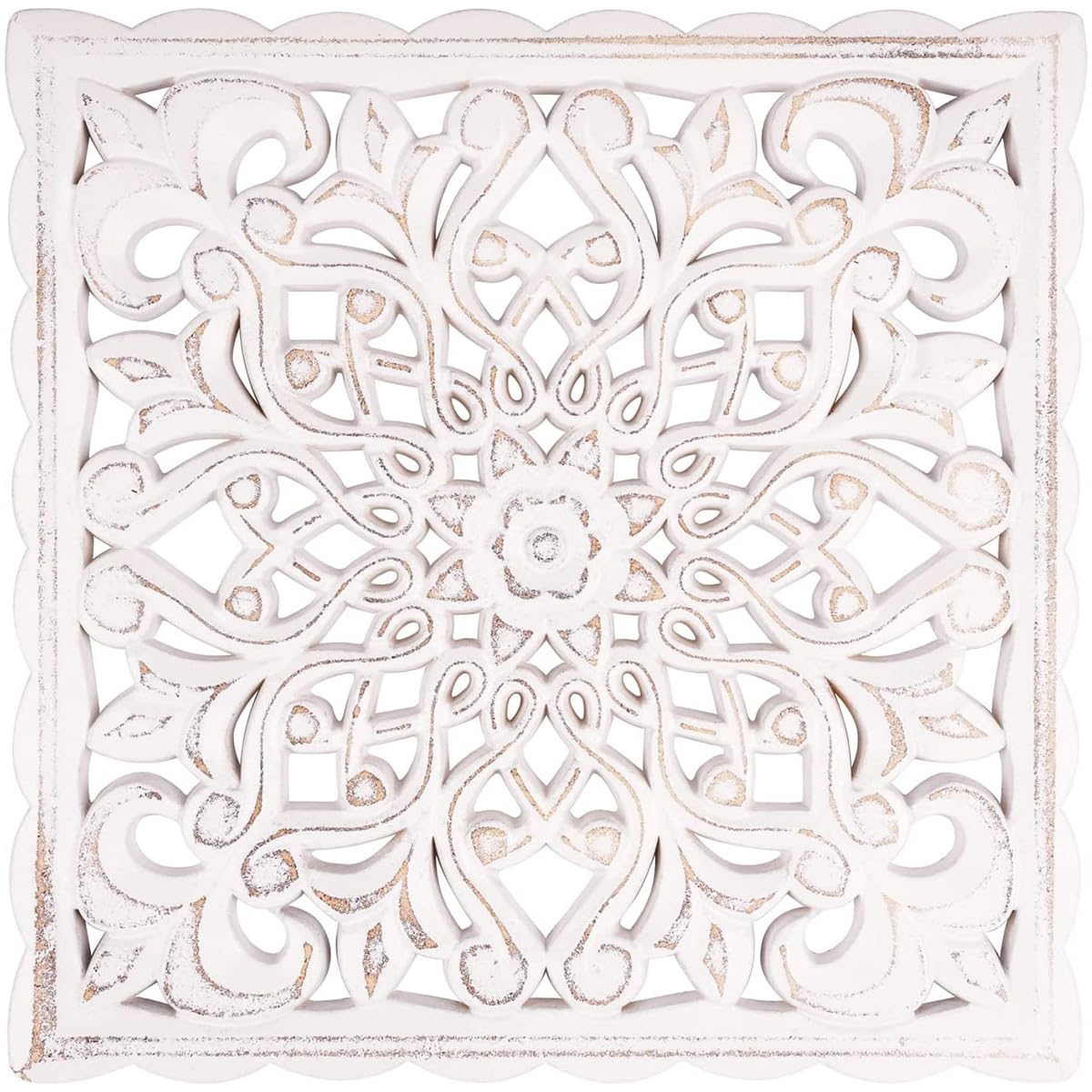 Decoración de pared de madera, paneles de pared de madera tallados huecos únicos de 30 x 30 cm, diseño floral rústico, blanco envejecido, escultura artística para el hogar, pasillo, sala de estar,