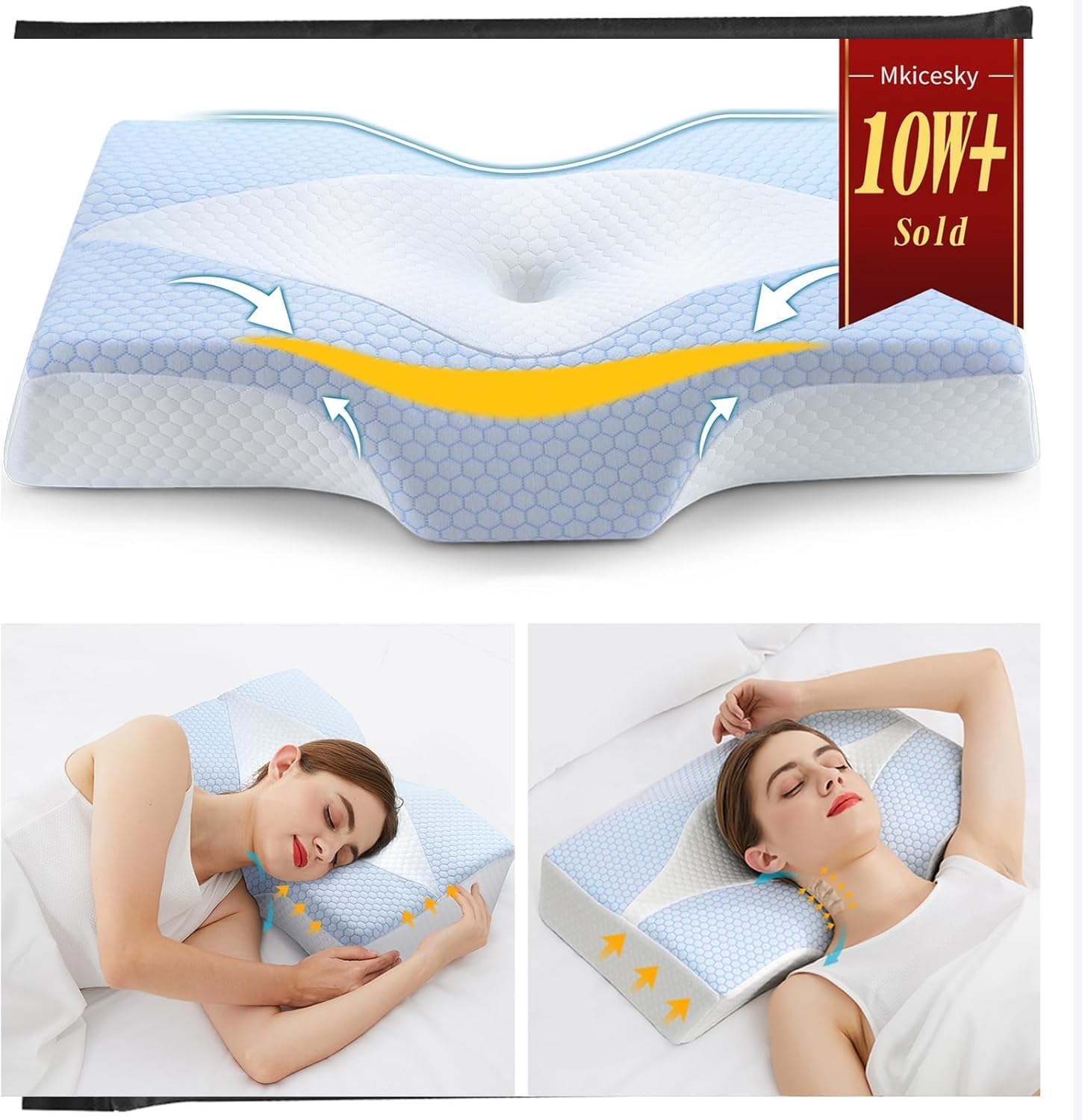 Close-up of the Mkicesky Orthopedic Memory Foam Pillow showcasing its contoured surface and breathable ice-silk cover.
