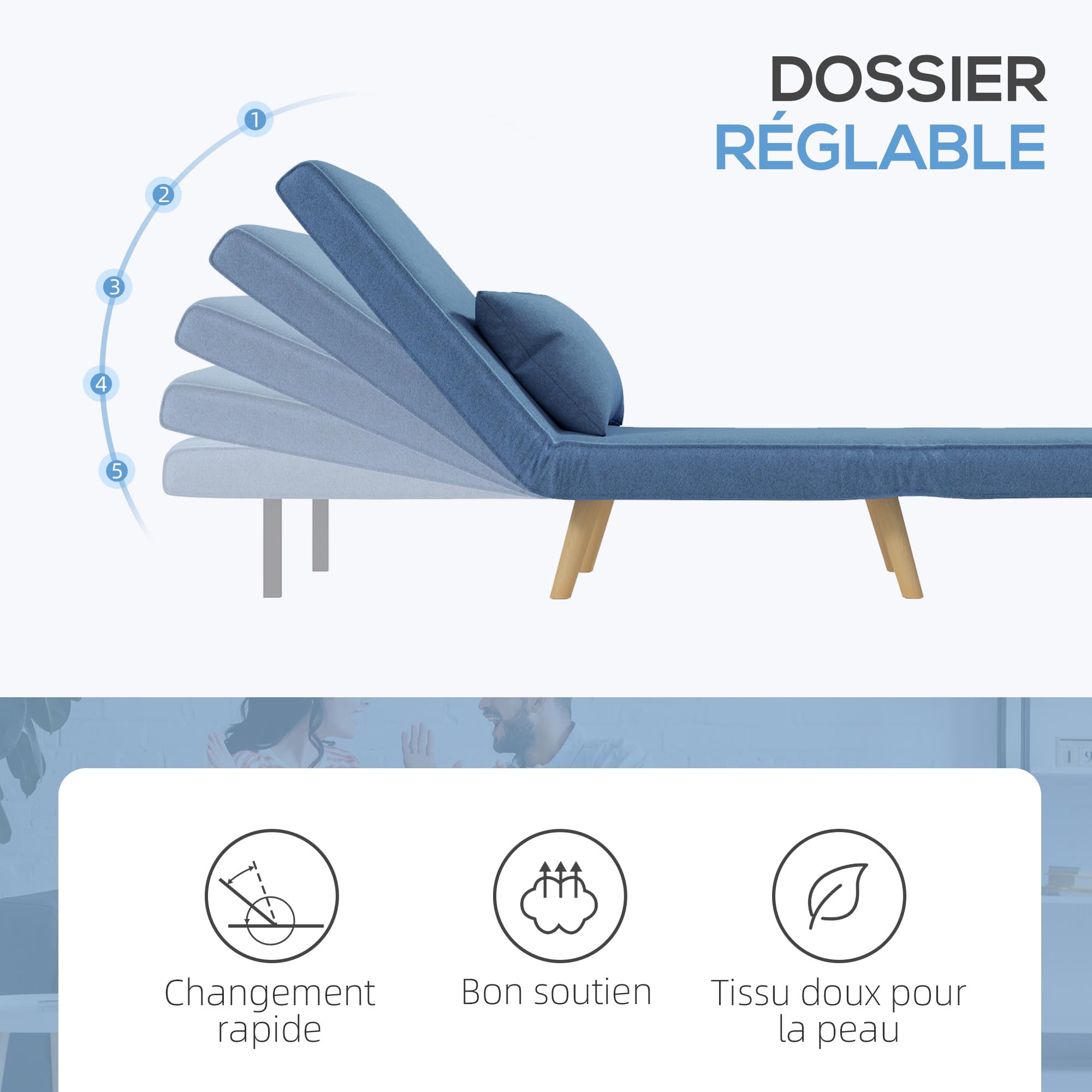 HOMCOM 3 en 1 Fauteuil Convertible 1 Place, Fauteuil lit et chauffeuse - Dossier inclinable 5 Niveaux et Oreiller Inclus, siège rembourré - pour Bureau, Salon, Chambre à Coucher, Bleu
