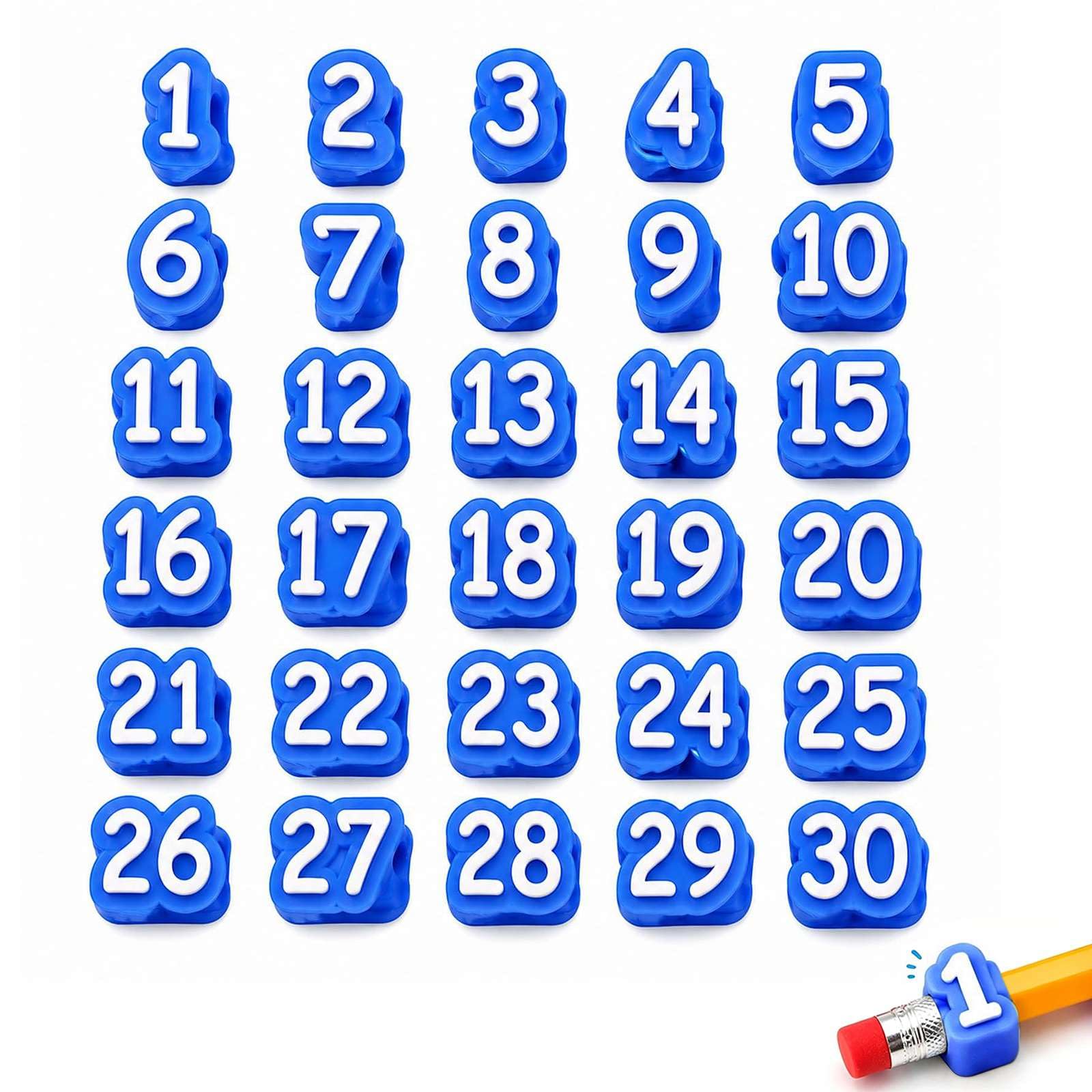 Numbered Pencil Toppers, Reusable Classroom Pencil Labels for Teachers, Cute Pencils Tracking Markers for Supply Stations, School Organization and Classroom Management (Blue 1-30)